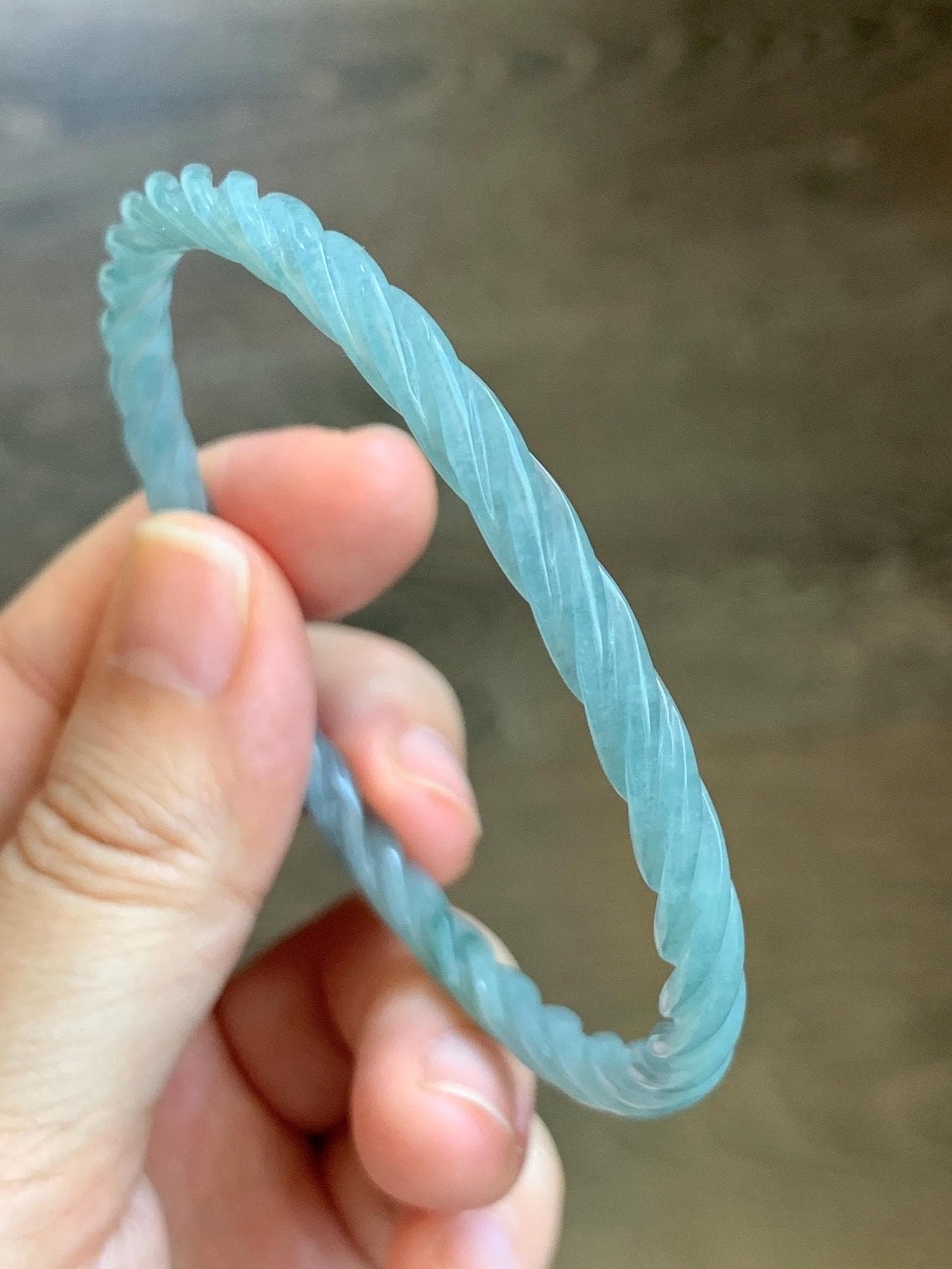 Certified Natural Grade A Guatemalan Icy Translucent Pastel Dusty Blue Jade Jadeite Carved Braid Slim Bangle 62.6mm 7.75” 天然冰危浅灰蓝翡翠细麻花手镯 481