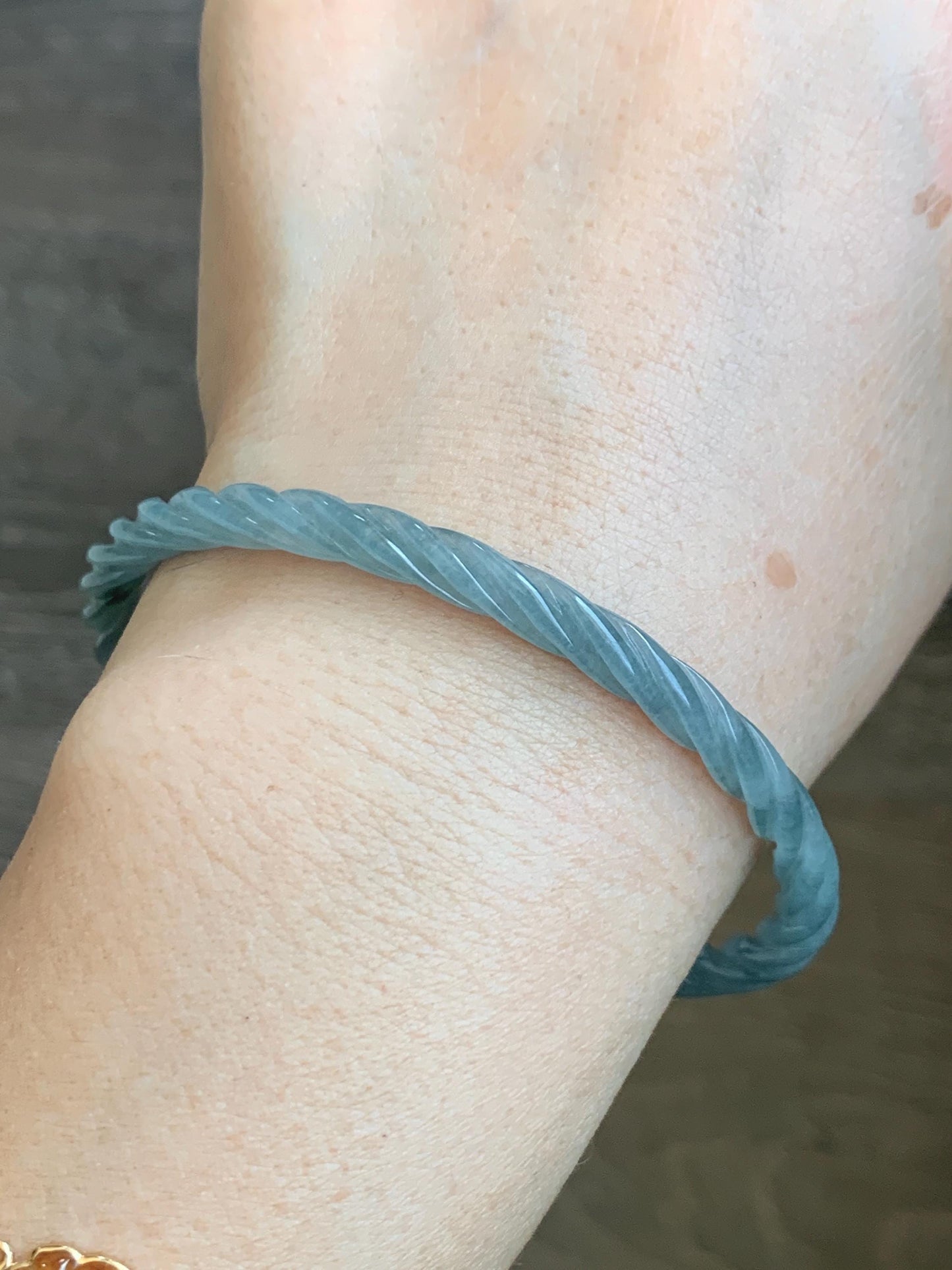 Certified Natural Grade A Guatemalan Icy Translucent Pastel Dusty Blue Jade Jadeite Carved Braid Slim Bangle 62.6mm 7.75” 天然冰危浅灰蓝翡翠细麻花手镯 481