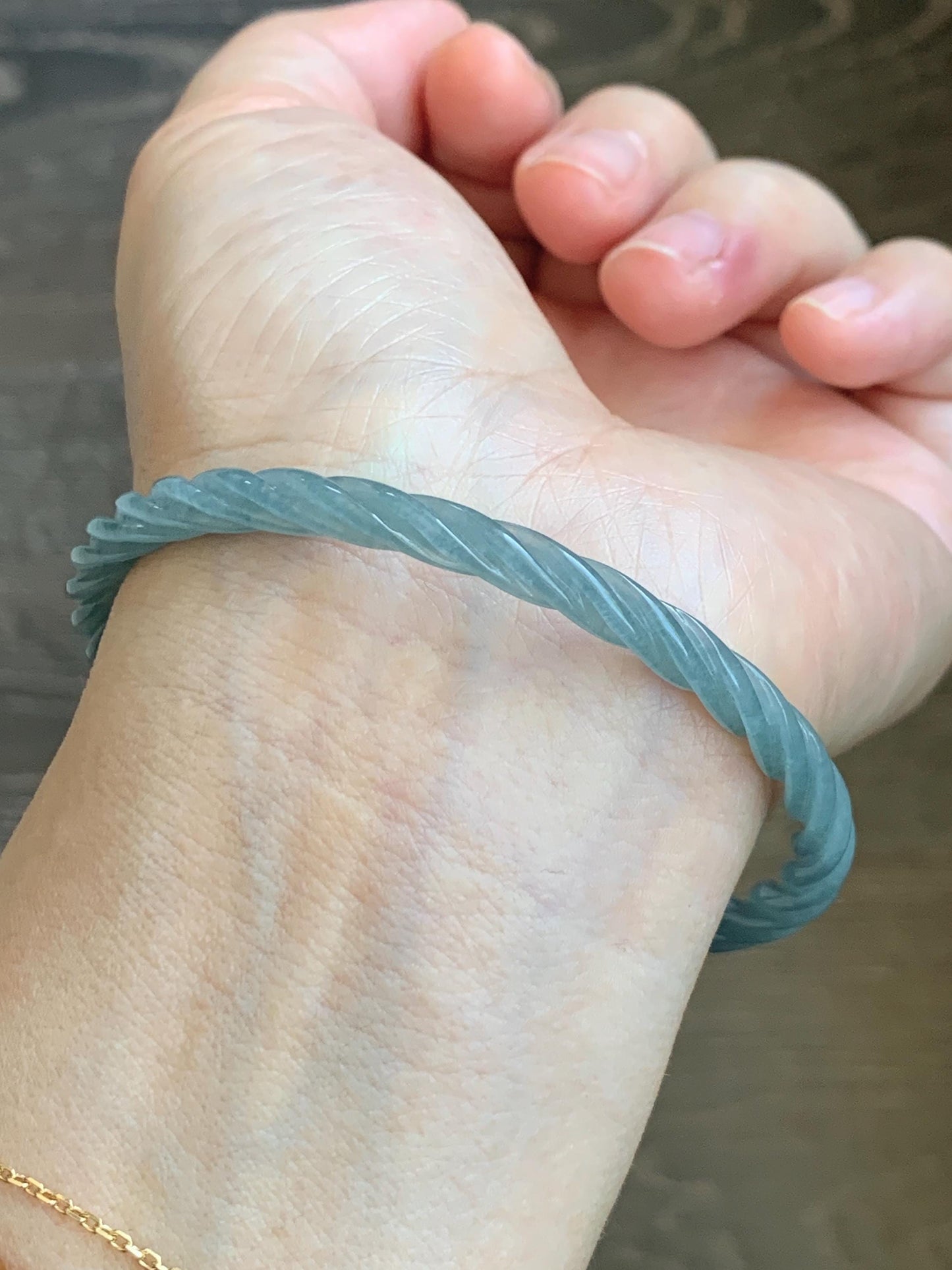 Certified Natural Grade A Guatemalan Icy Translucent Pastel Dusty Blue Jade Jadeite Carved Braid Slim Bangle 62.6mm 7.75” 天然冰危浅灰蓝翡翠细麻花手镯 481