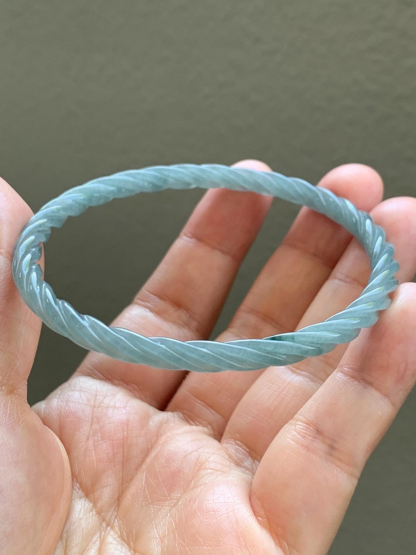 Certified Natural Grade A Guatemalan Icy Translucent Pastel Dusty Blue Jade Jadeite Carved Braid Slim Bangle 62.6mm 7.75” 天然冰危浅灰蓝翡翠细麻花手镯 481