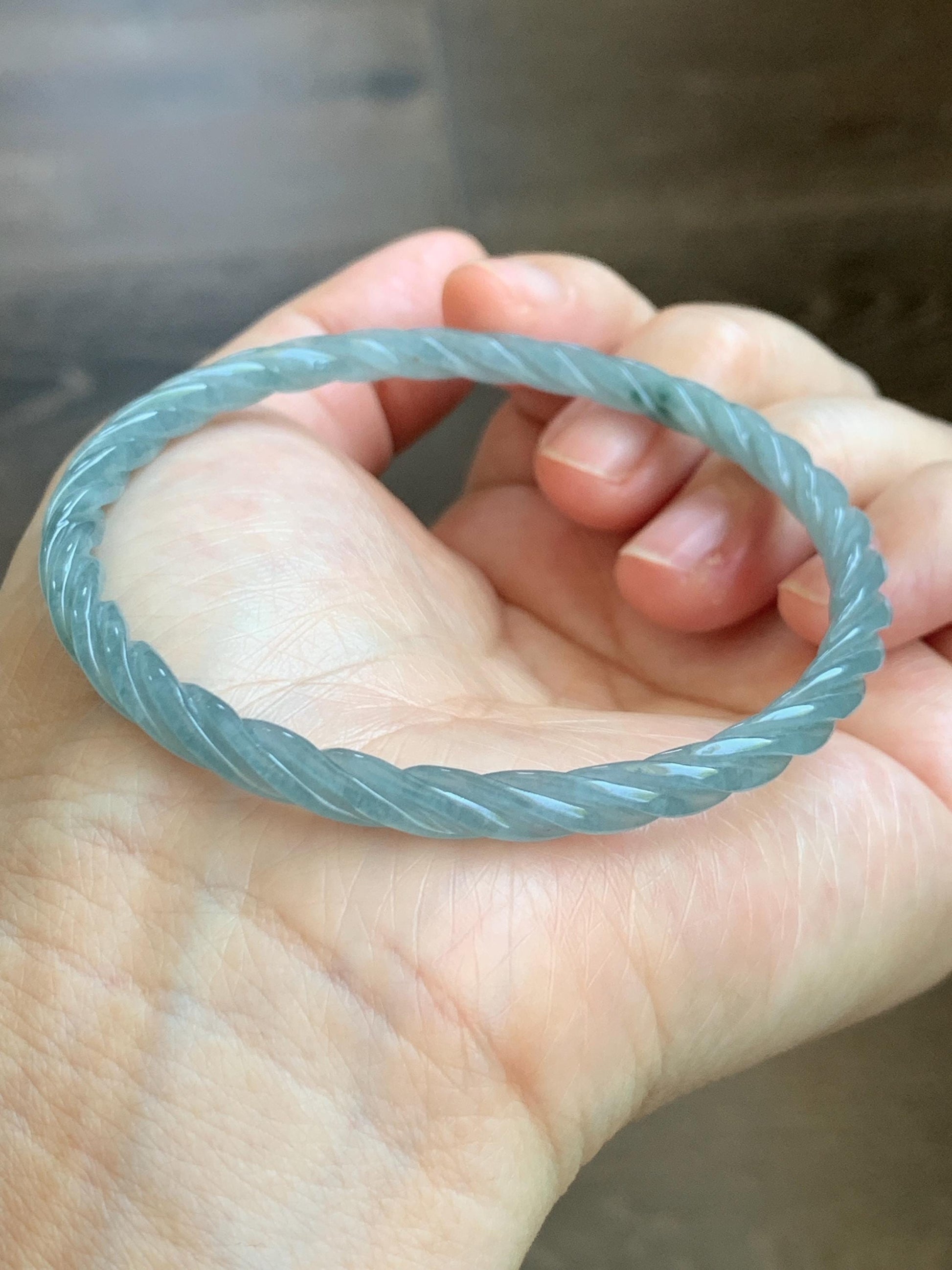 Certified Natural Grade A Guatemalan Icy Translucent Pastel Dusty Blue Jade Jadeite Carved Braid Slim Bangle 62.6mm 7.75” 天然冰危浅灰蓝翡翠细麻花手镯 481