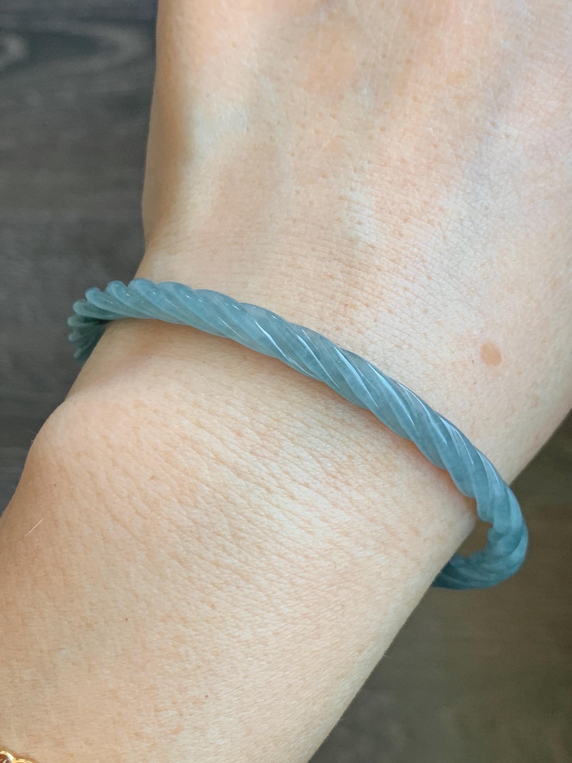 Certified Natural Grade A Guatemalan Icy Translucent Pastel Dusty Blue Jade Jadeite Carved Braid Slim Bangle 62.6mm 7.75” 天然冰危浅灰蓝翡翠细麻花手镯 481