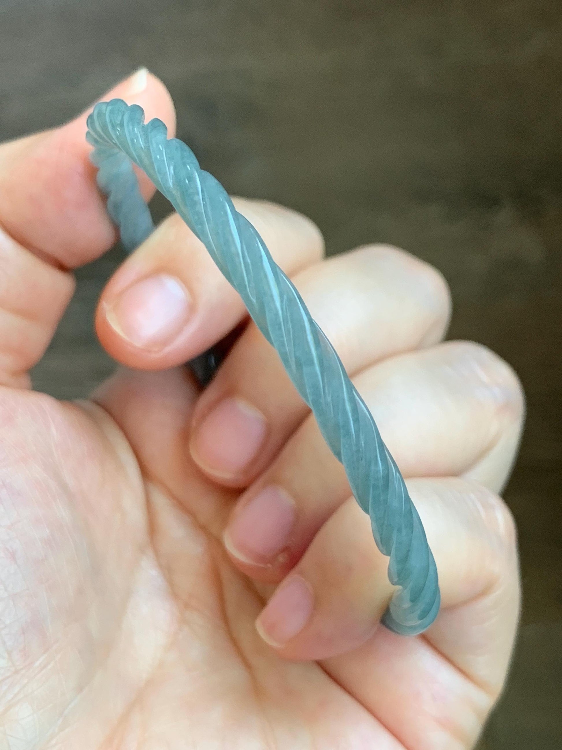 Certified Natural Grade A Guatemalan Icy Translucent Pastel Dusty Blue Jade Jadeite Carved Braid Slim Bangle 62.6mm 7.75” 天然冰危浅灰蓝翡翠细麻花手镯 481