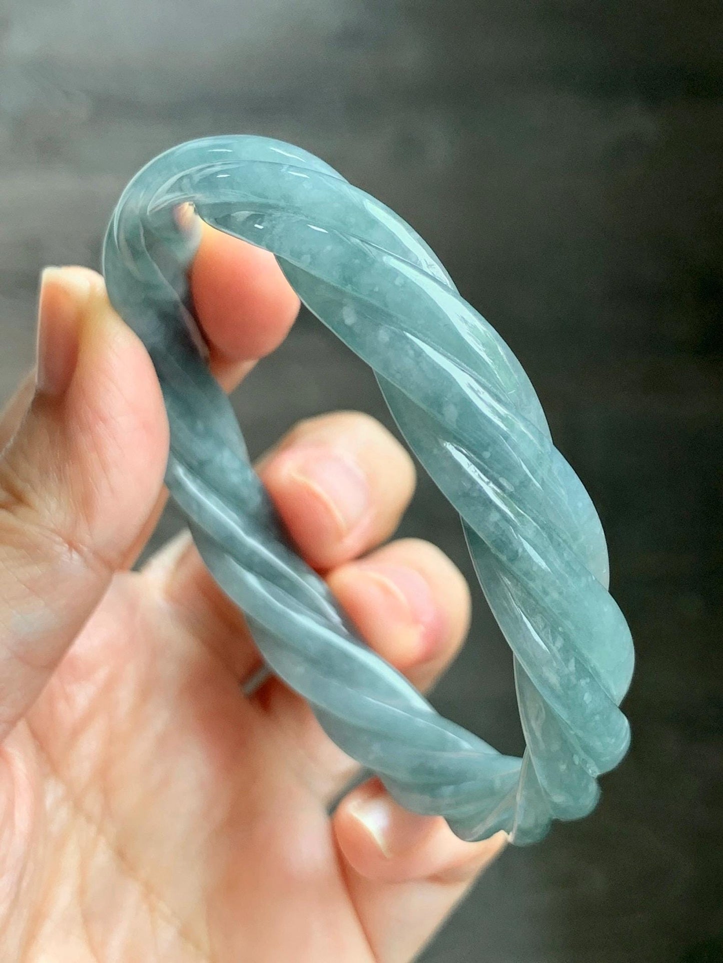 Certified Natural Grade A Guatemalan Icy Translucent Dusty Teal Blue Jade Jadeite Carved Braid Wide Bangle 60.12mm 7.43” 天然冰危暗蓝翡翠麻花宽手镯 490