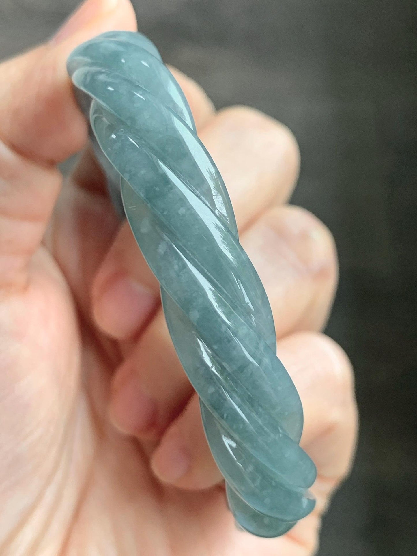 Certified Natural Grade A Guatemalan Icy Translucent Dusty Teal Blue Jade Jadeite Carved Braid Wide Bangle 60.12mm 7.43” 天然冰危暗蓝翡翠麻花宽手镯 490