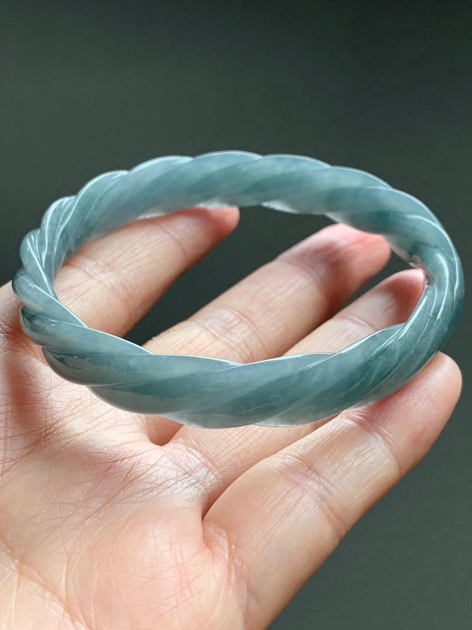 Certified Natural Grade A Guatemalan Icy Translucent Dusty Teal Blue Jade Jadeite Carved Braid Wide Bangle 60.12mm 7.43” 天然冰危暗蓝翡翠麻花宽手镯 490