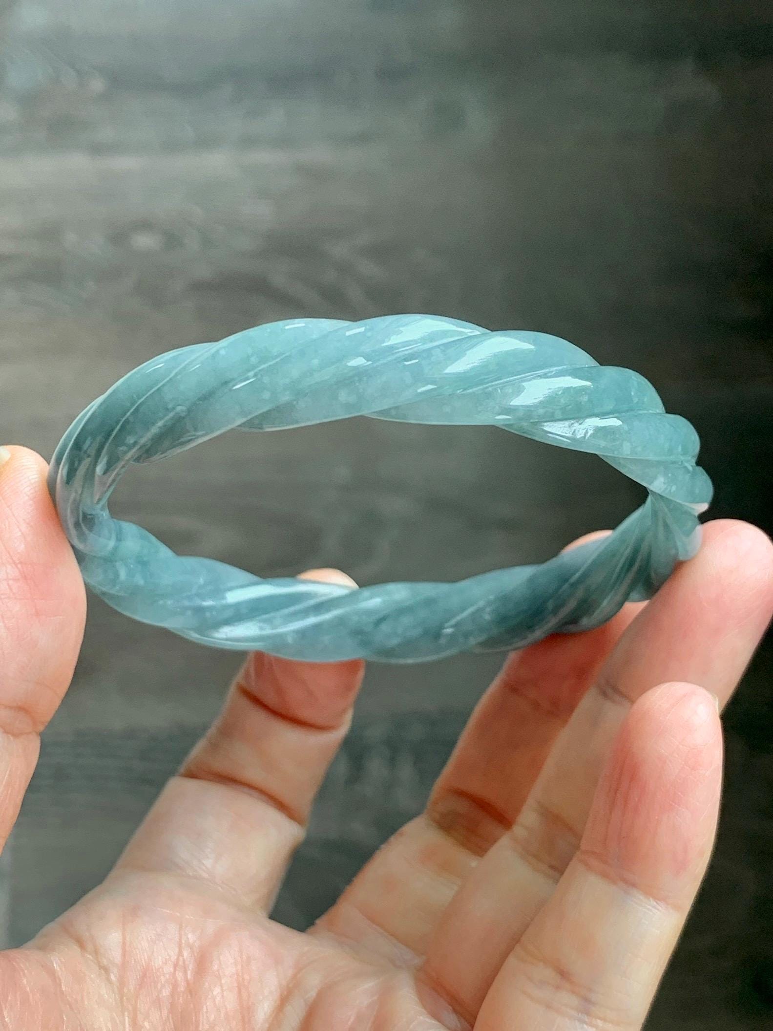 Certified Natural Grade A Guatemalan Icy Translucent Dusty Teal Blue Jade Jadeite Carved Braid Wide Bangle 60.12mm 7.43” 天然冰危暗蓝翡翠麻花宽手镯 490