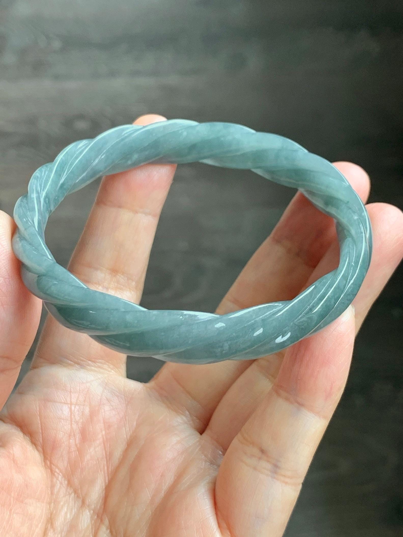 Certified Natural Grade A Guatemalan Icy Translucent Dusty Teal Blue Jade Jadeite Carved Braid Wide Bangle 60.12mm 7.43” 天然冰危暗蓝翡翠麻花宽手镯 490