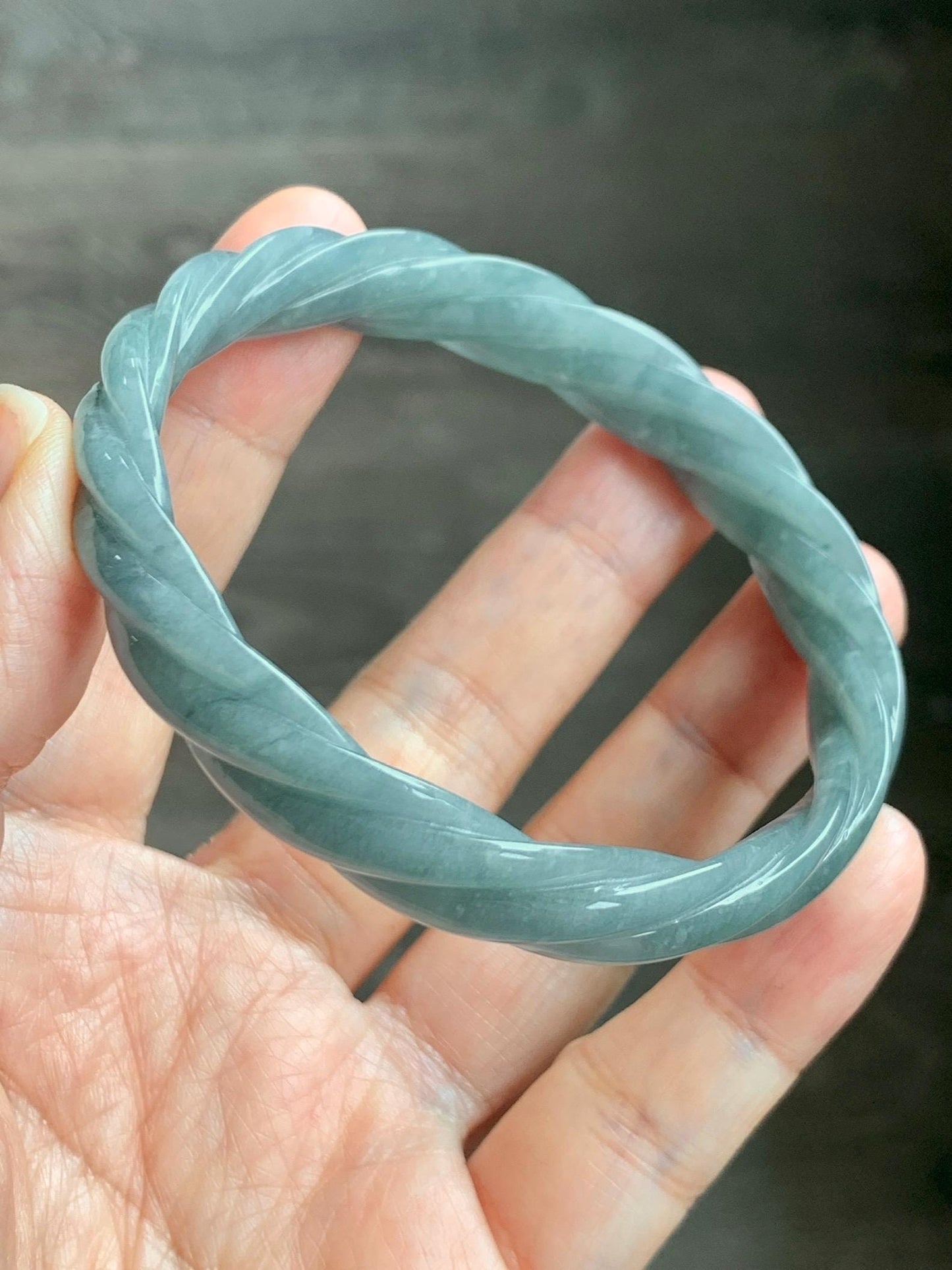 Certified Natural Grade A Guatemalan Icy Translucent Dusty Teal Blue Jade Jadeite Carved Braid Wide Bangle 60.12mm 7.43” 天然冰危暗蓝翡翠麻花宽手镯 490
