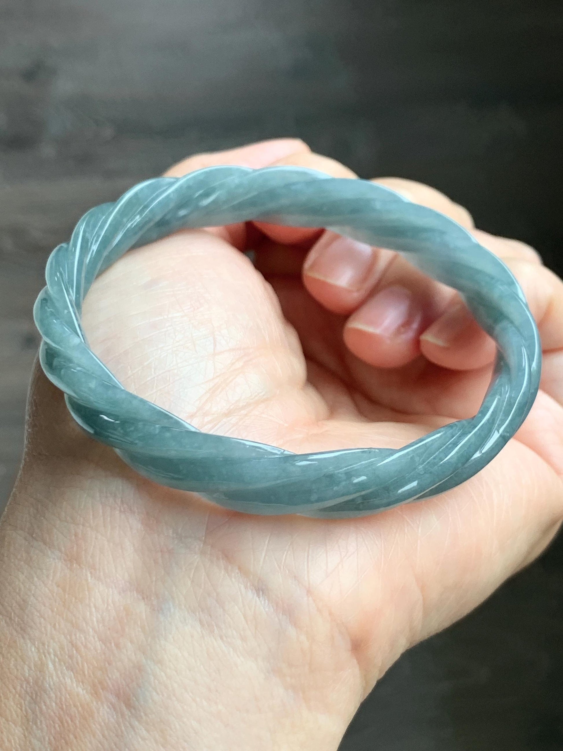 Certified Natural Grade A Guatemalan Icy Translucent Dusty Teal Blue Jade Jadeite Carved Braid Wide Bangle 60.12mm 7.43” 天然冰危暗蓝翡翠麻花宽手镯 490