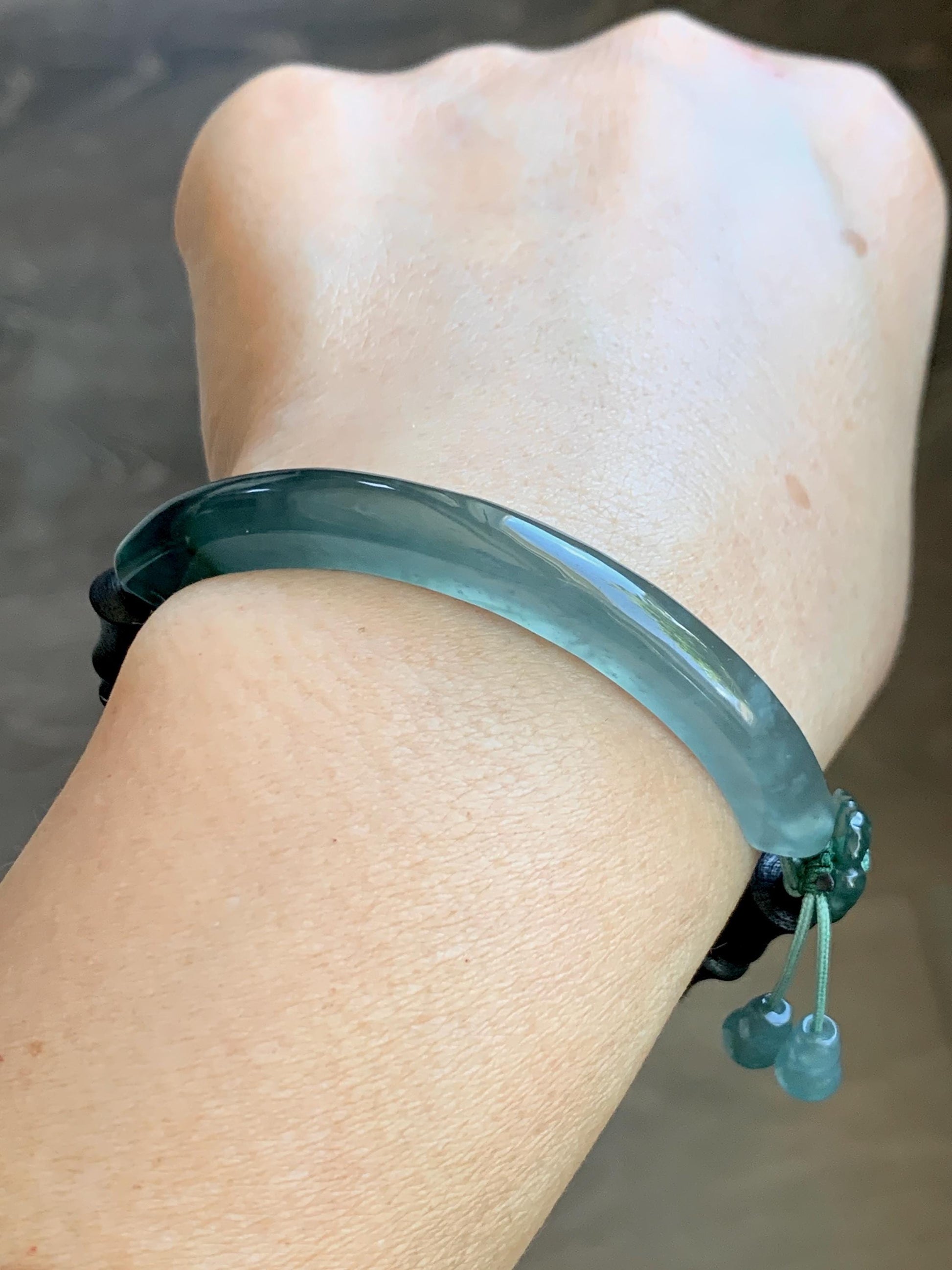 Natural Guatemalan Grade A Icy Translucent Teal Green Jade Jadeite Cuff Bamboo Wood Beads Beaded Bracelet 6.75” 14g 天然冰胶危蓝绿翡翠手牌木珠手链 WZM174