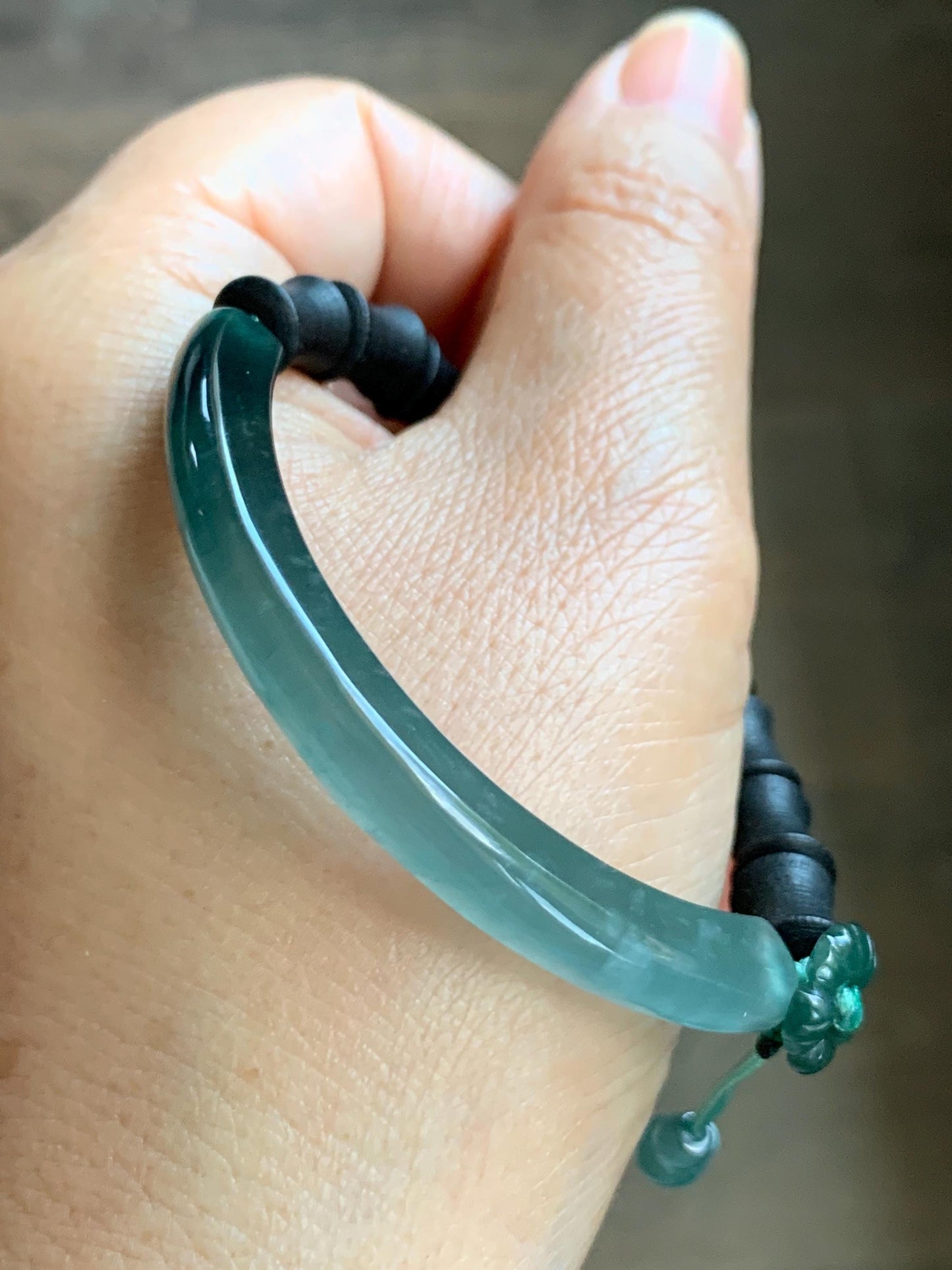 Natural Guatemalan Grade A Icy Translucent Teal Green Jade Jadeite Cuff Bamboo Wood Beads Beaded Bracelet 6.75” 14g 天然冰胶危蓝绿翡翠手牌木珠手链 WZM174