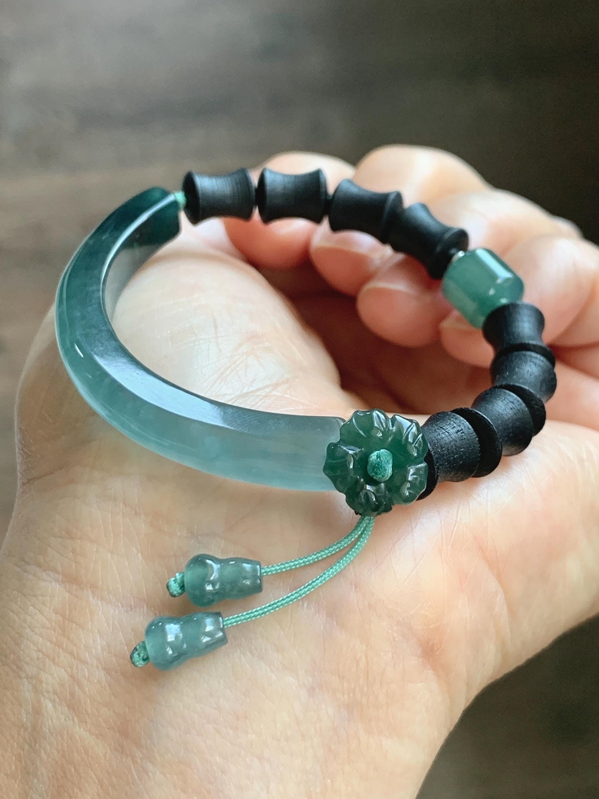 Natural Guatemalan Grade A Icy Translucent Teal Green Jade Jadeite Cuff Bamboo Wood Beads Beaded Bracelet 6.75” 14g 天然冰胶危蓝绿翡翠手牌木珠手链 WZM174