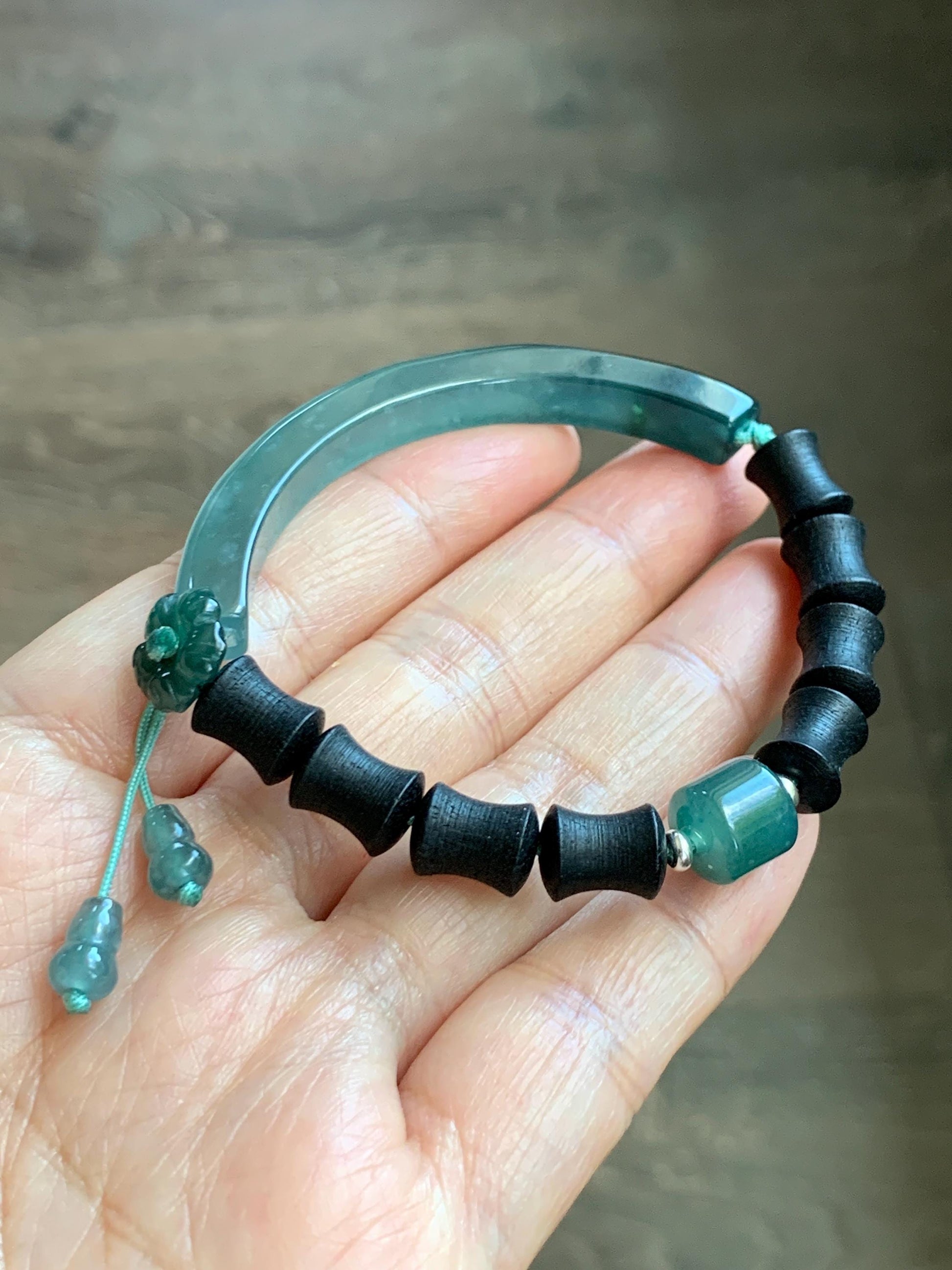 Natural Guatemalan Grade A Icy Translucent Teal Green Jade Jadeite Cuff Bamboo Wood Beads Beaded Bracelet 6.75” 14g 天然冰胶危蓝绿翡翠手牌木珠手链 WZM174