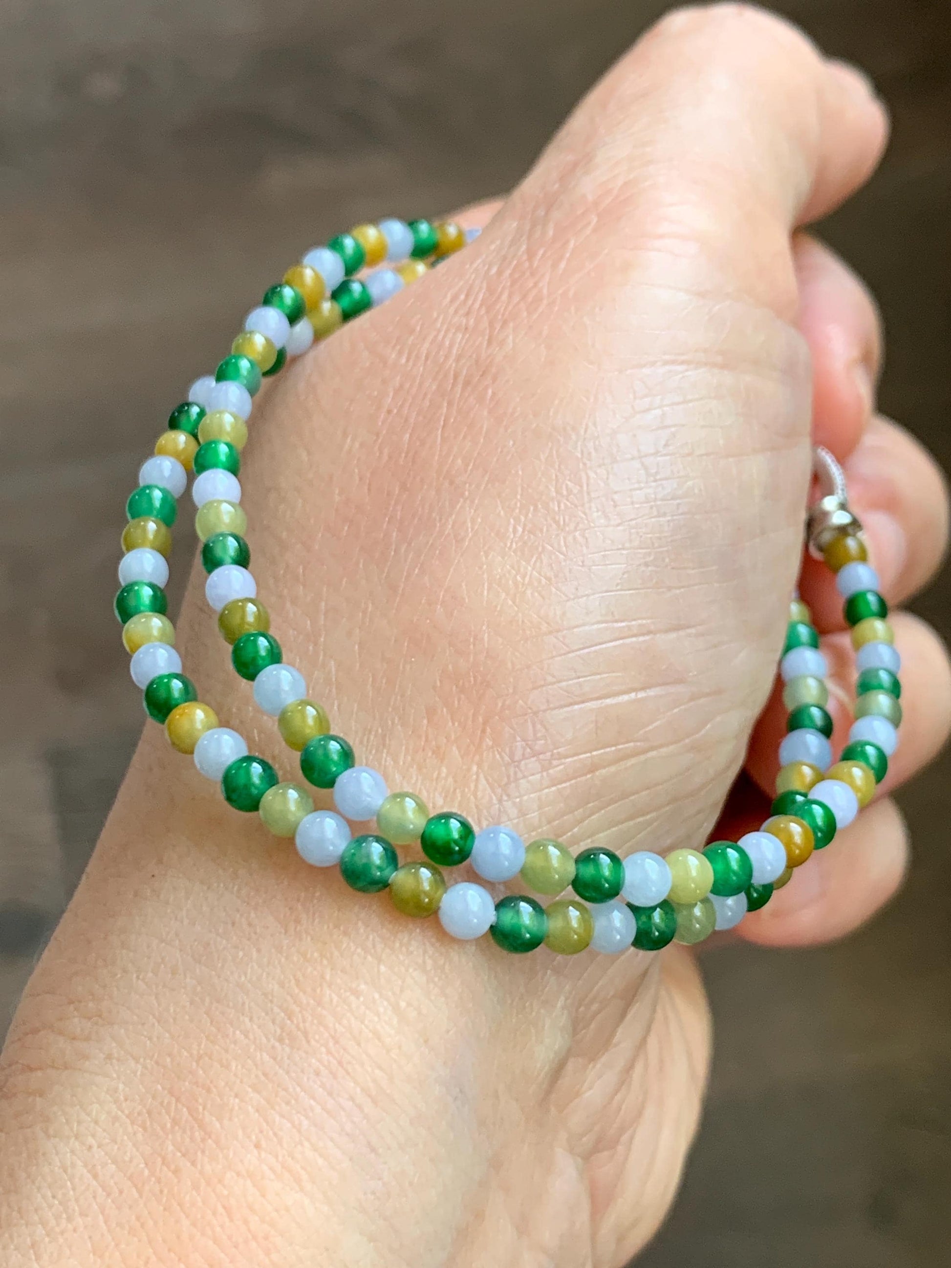 Natural Grade A Icy Translucent Vibrant Multicolored Jade Jadeite Petite Beads Beaded Bracelet 3.5mm 7.5”-7.75” 5g 天然冰多宝翡翠小珠手串 MXB660