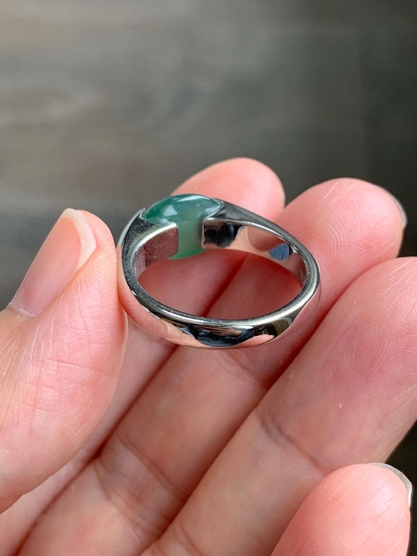 Natural Grade A Guatemalan Icy Translucent Teal Green Oval Cabochon Jade Jadeite Ring Sterling Silver Size 7 US 5g 天然冰危蓝绿翡翠银镶戒指 WHS512A