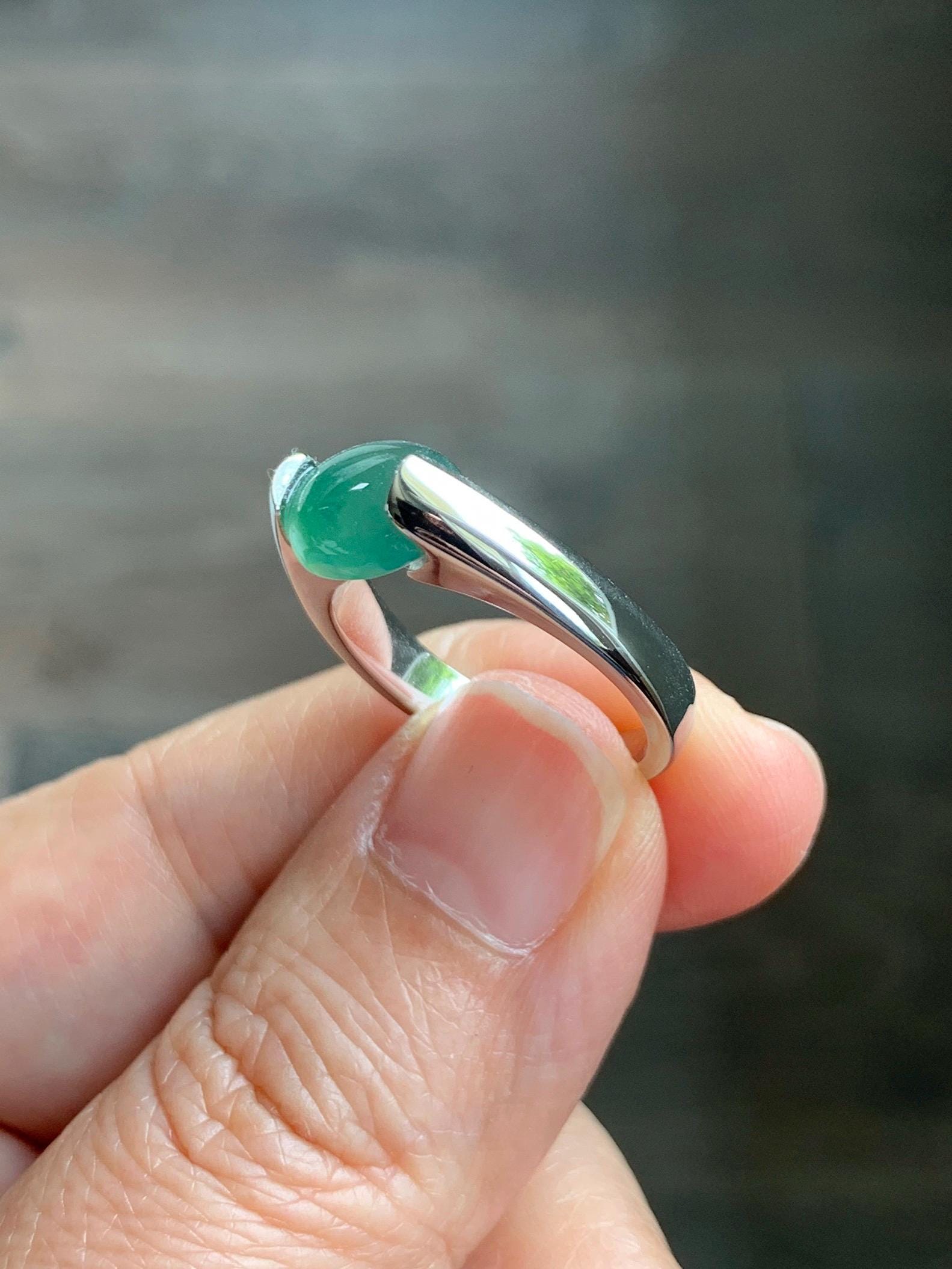 Natural Grade A Guatemalan Icy Translucent Teal Green Oval Cabochon Jade Jadeite Ring Sterling Silver Size 7 US 5g 天然冰危蓝绿翡翠银镶戒指 WHS512A