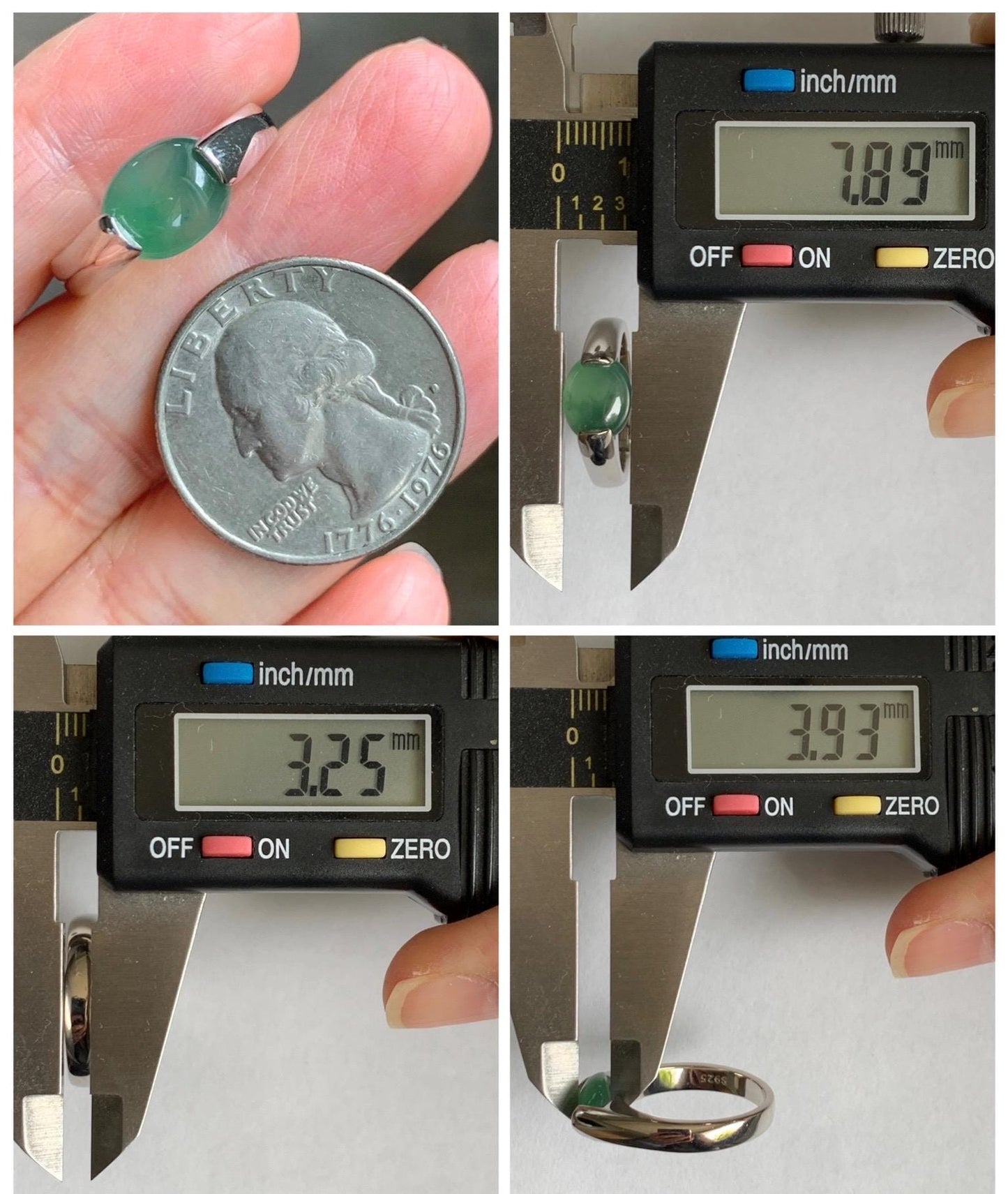 Natural Grade A Guatemalan Icy Translucent Teal Green Oval Cabochon Jade Jadeite Ring Sterling Silver Size 7 US 5g 天然冰危蓝绿翡翠银镶戒指 WHS512A