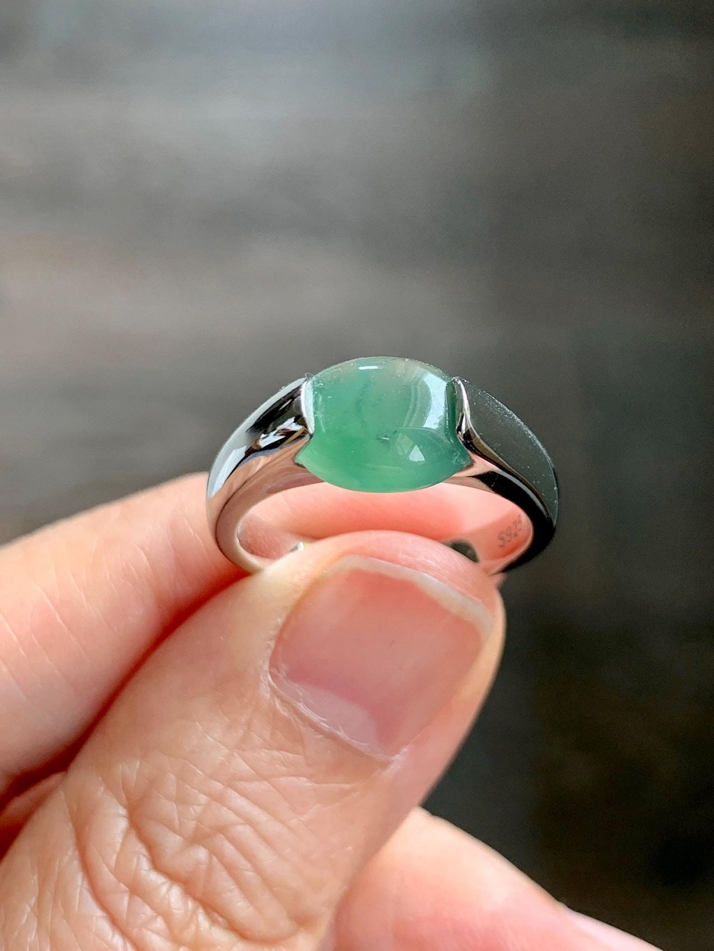 Natural Grade A Guatemalan Icy Translucent Teal Green Oval Cabochon Jade Jadeite Ring Sterling Silver Size 7 US 5g 天然冰危蓝绿翡翠银镶戒指 WHS512A