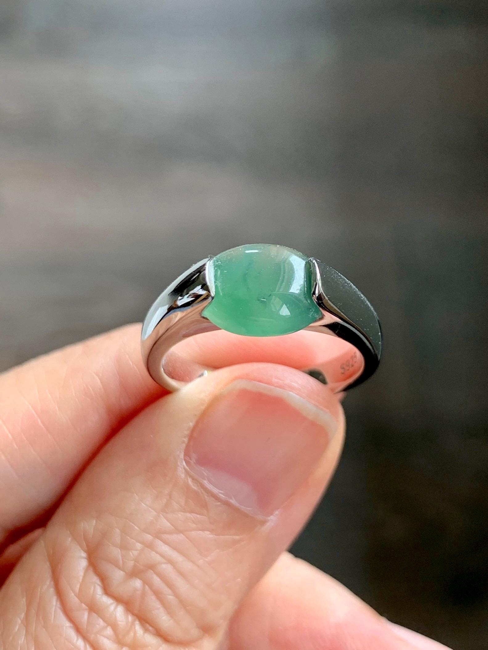 Natural Grade A Guatemalan Icy Translucent Teal Green Oval Cabochon Jade Jadeite Ring Sterling Silver Size 7 US 5g 天然冰危蓝绿翡翠银镶戒指 WHS512A