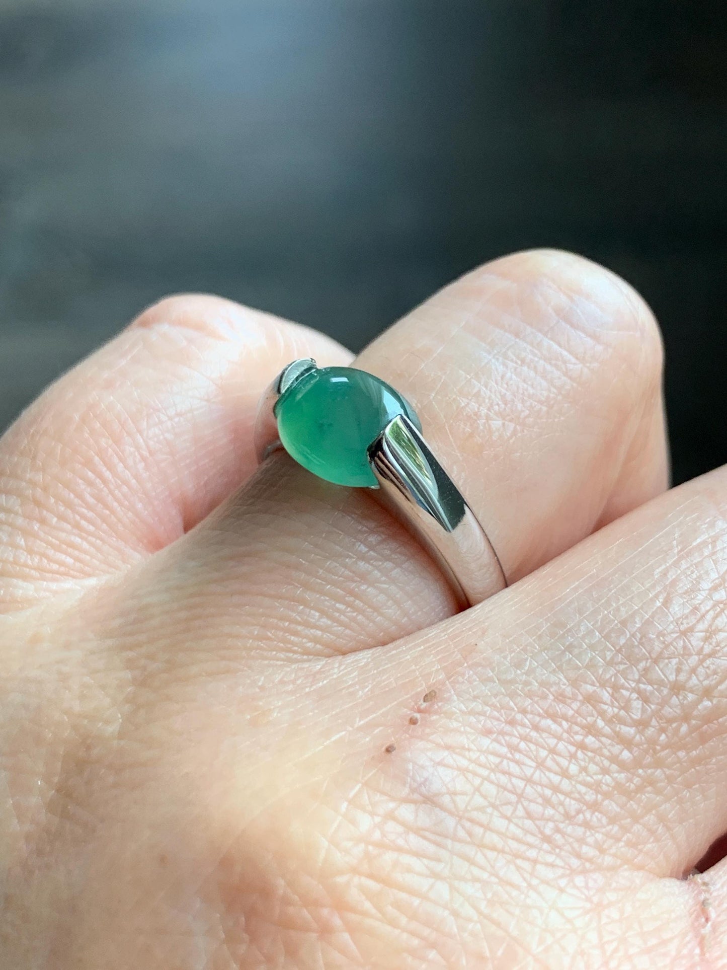 Natural Grade A Guatemalan Icy Translucent Teal Green Oval Cabochon Jade Jadeite Ring Sterling Silver Size 7 US 5g 天然冰危蓝绿翡翠银镶戒指 WHS512A