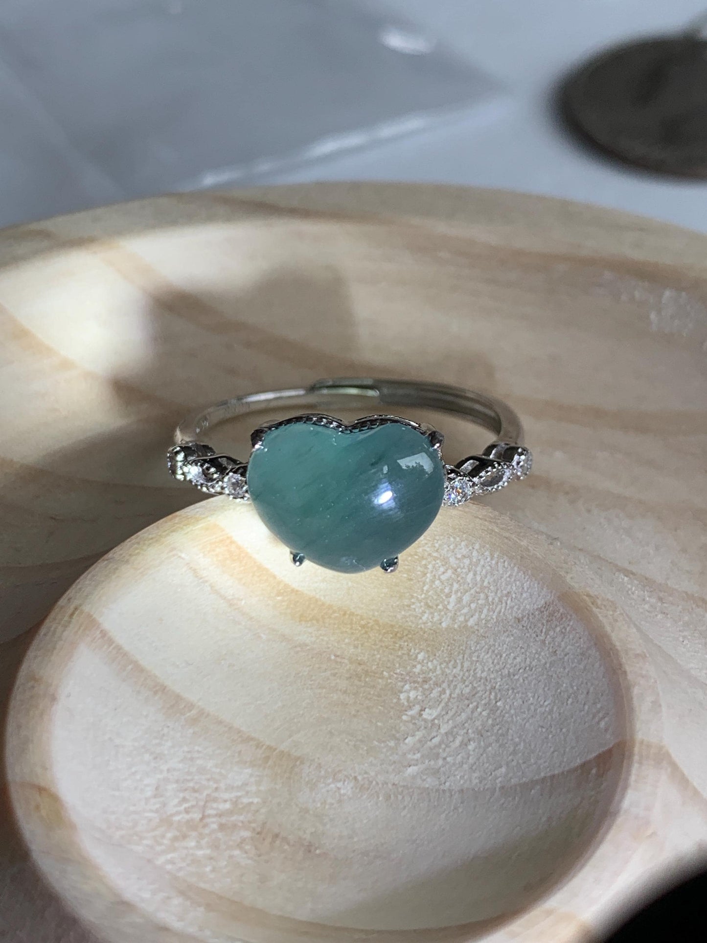 Natural Grade A Guatemalan Icy Highly Translucent Teal Blue Heart Jade Jadeite Ring Sterling Silver Size Adjustable 天然冰危蓝翡翠爱心蛋面银镶戒指 WXX88A