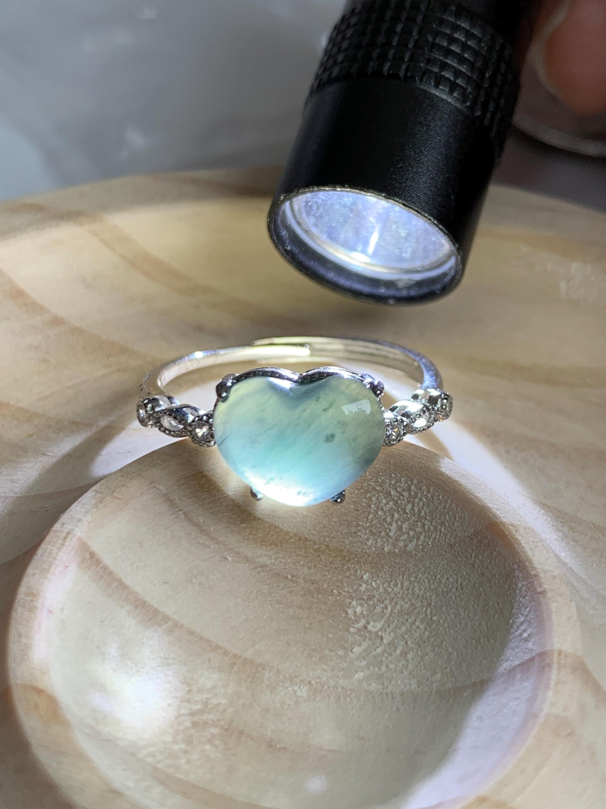 Natural Grade A Guatemalan Icy Highly Translucent Teal Blue Heart Jade Jadeite Ring Sterling Silver Size Adjustable 天然冰危蓝翡翠爱心蛋面银镶戒指 WXX88A
