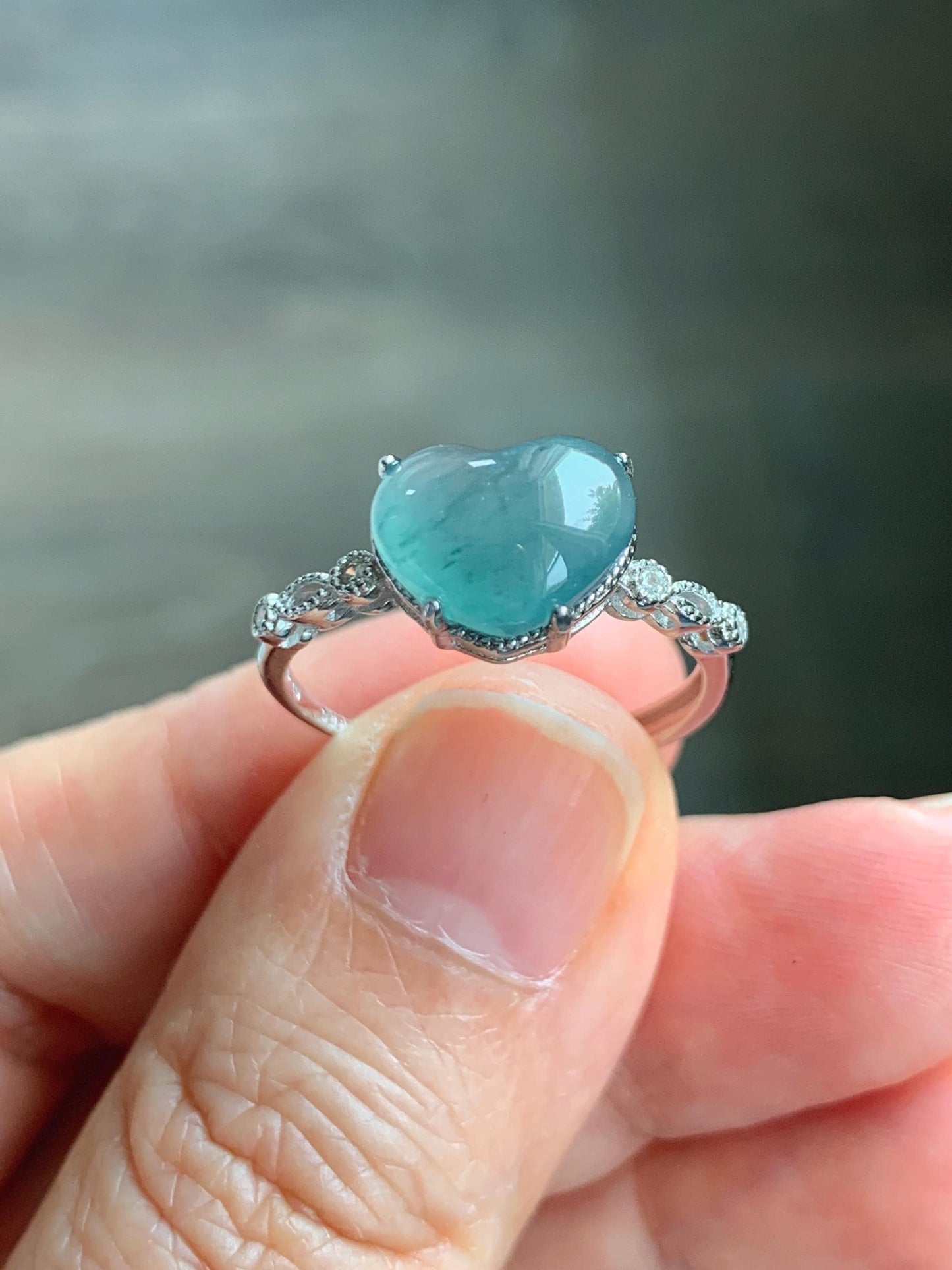 Natural Grade A Guatemalan Icy Highly Translucent Teal Blue Heart Jade Jadeite Ring Sterling Silver Size Adjustable 天然冰危蓝翡翠爱心蛋面银镶戒指 WXX88A