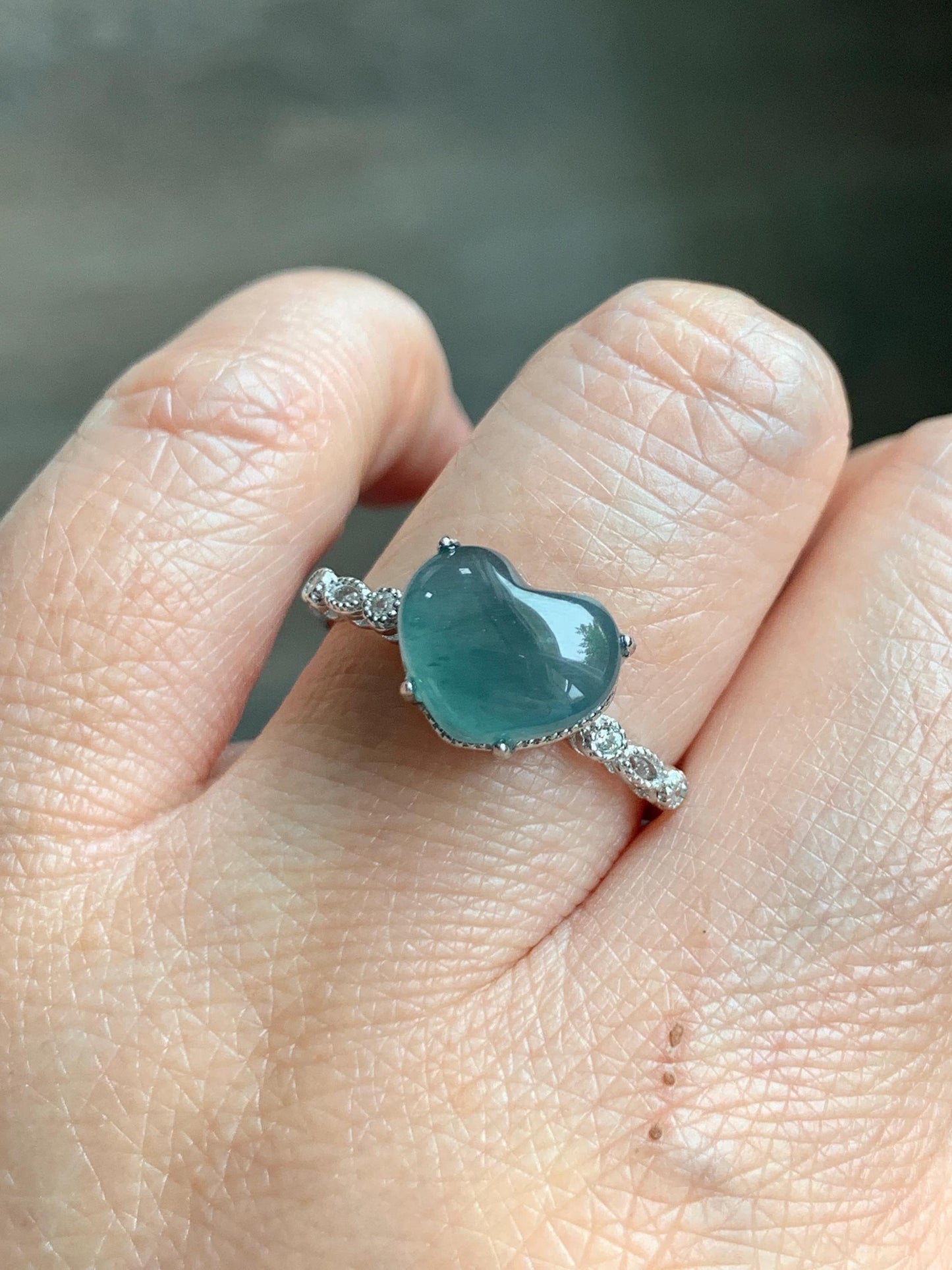 Natural Grade A Guatemalan Icy Highly Translucent Teal Blue Heart Jade Jadeite Ring Sterling Silver Size Adjustable 天然冰危蓝翡翠爱心蛋面银镶戒指 WXX88A