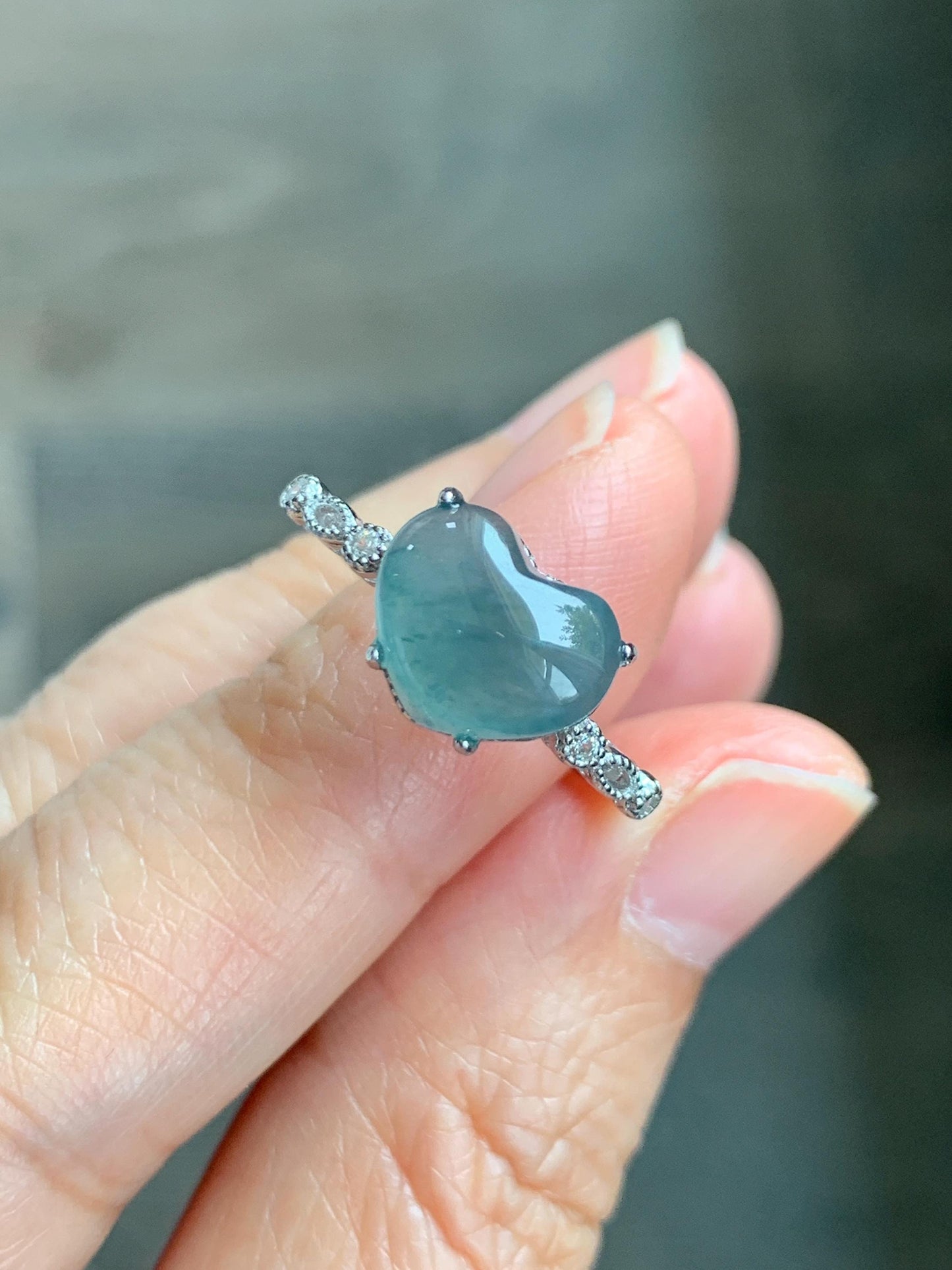Natural Grade A Guatemalan Icy Highly Translucent Teal Blue Heart Jade Jadeite Ring Sterling Silver Size Adjustable 天然冰危蓝翡翠爱心蛋面银镶戒指 WXX88A