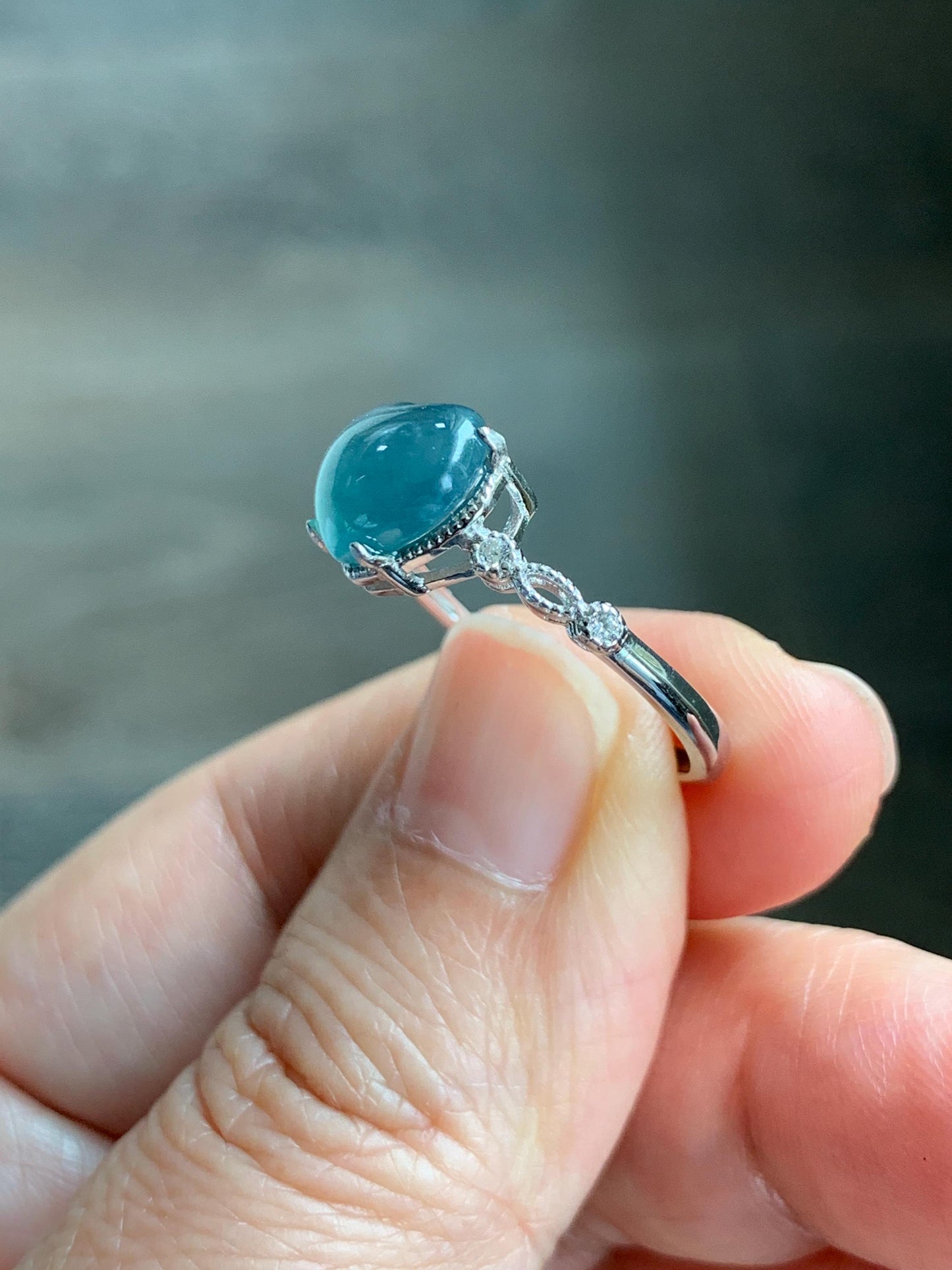 Natural Grade A Guatemalan Icy Highly Translucent Teal Blue Heart Jade Jadeite Ring Sterling Silver Size Adjustable 天然冰危蓝翡翠爱心蛋面银镶戒指 WXX88A