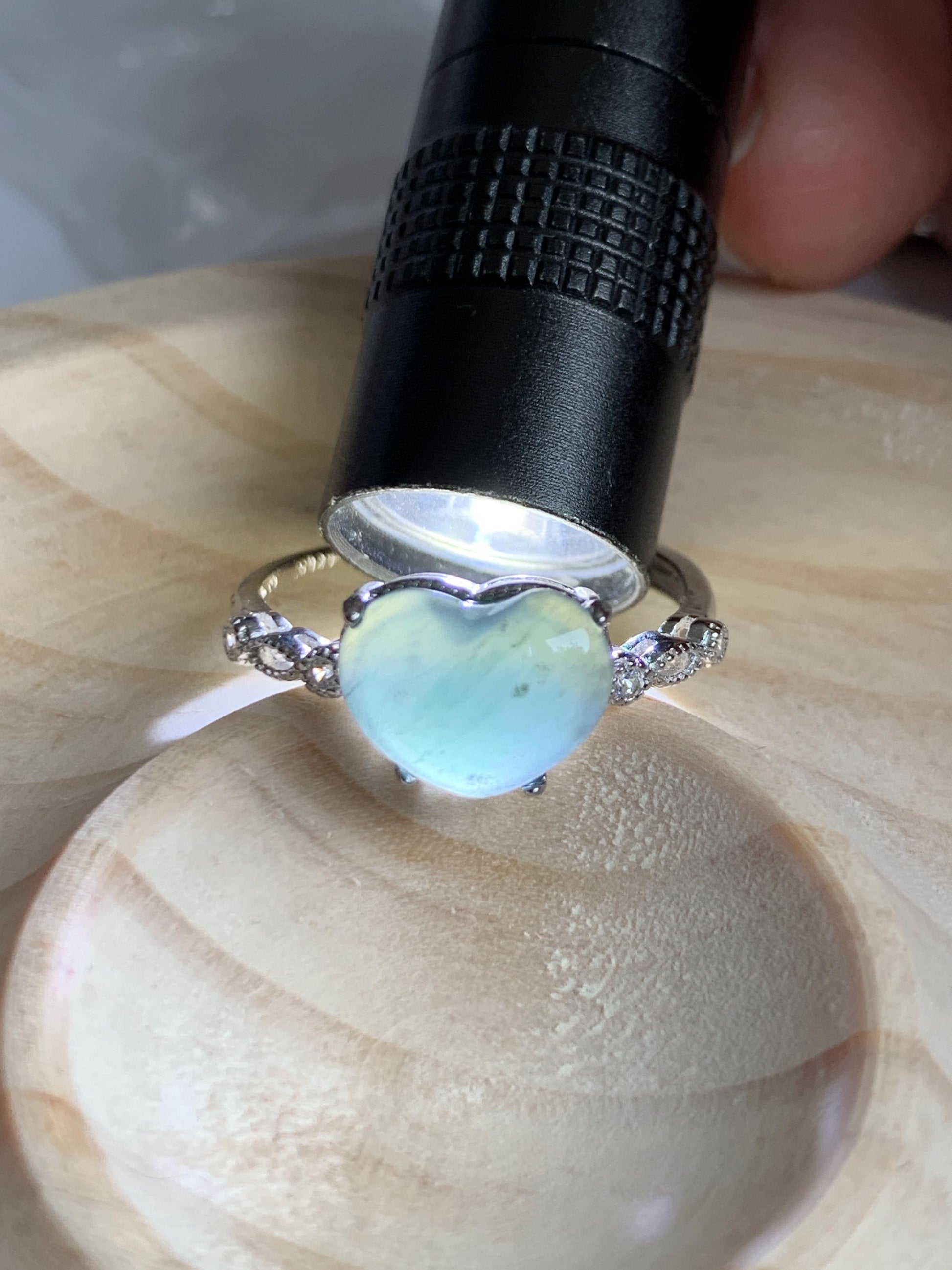 Natural Grade A Guatemalan Icy Highly Translucent Teal Blue Heart Jade Jadeite Ring Sterling Silver Size Adjustable 天然冰危蓝翡翠爱心蛋面银镶戒指 WXX88A