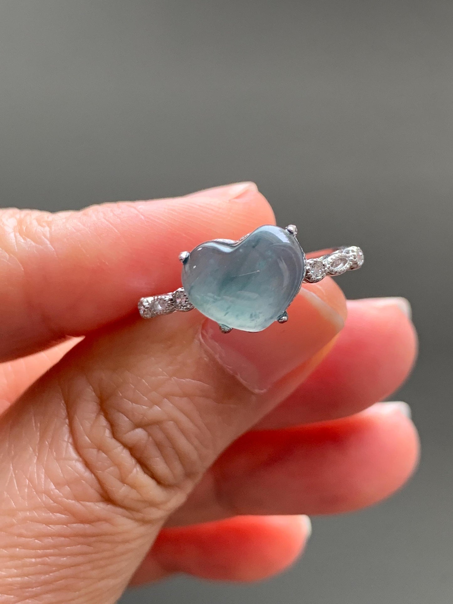 Natural Grade A Guatemalan Icy Highly Translucent Teal Blue Heart Jade Jadeite Ring Sterling Silver Size Adjustable 天然冰危蓝翡翠爱心蛋面银镶戒指 WXX88A