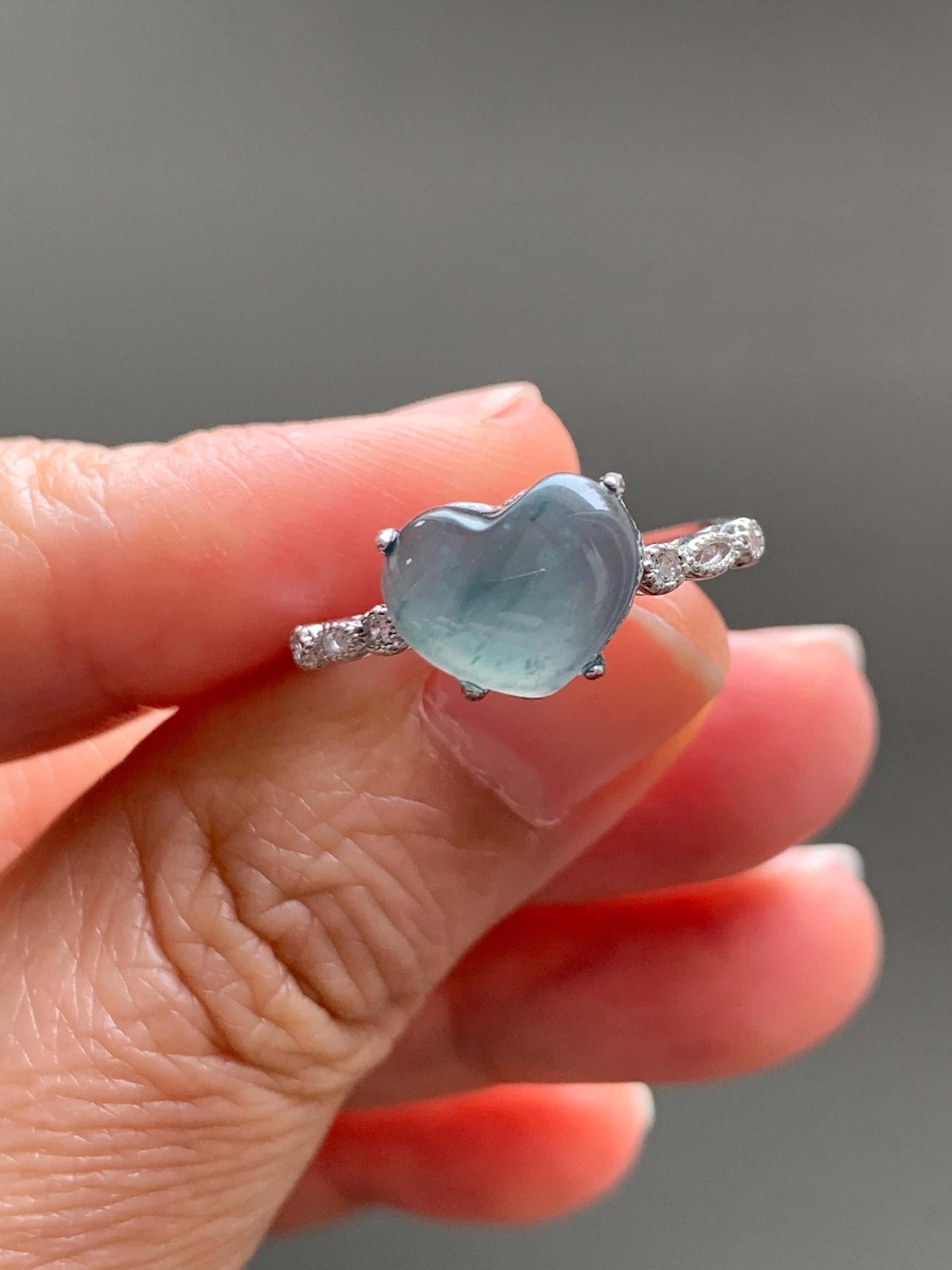 Natural Grade A Guatemalan Icy Highly Translucent Teal Blue Heart Jade Jadeite Ring Sterling Silver Size Adjustable 天然冰危蓝翡翠爱心蛋面银镶戒指 WXX88A