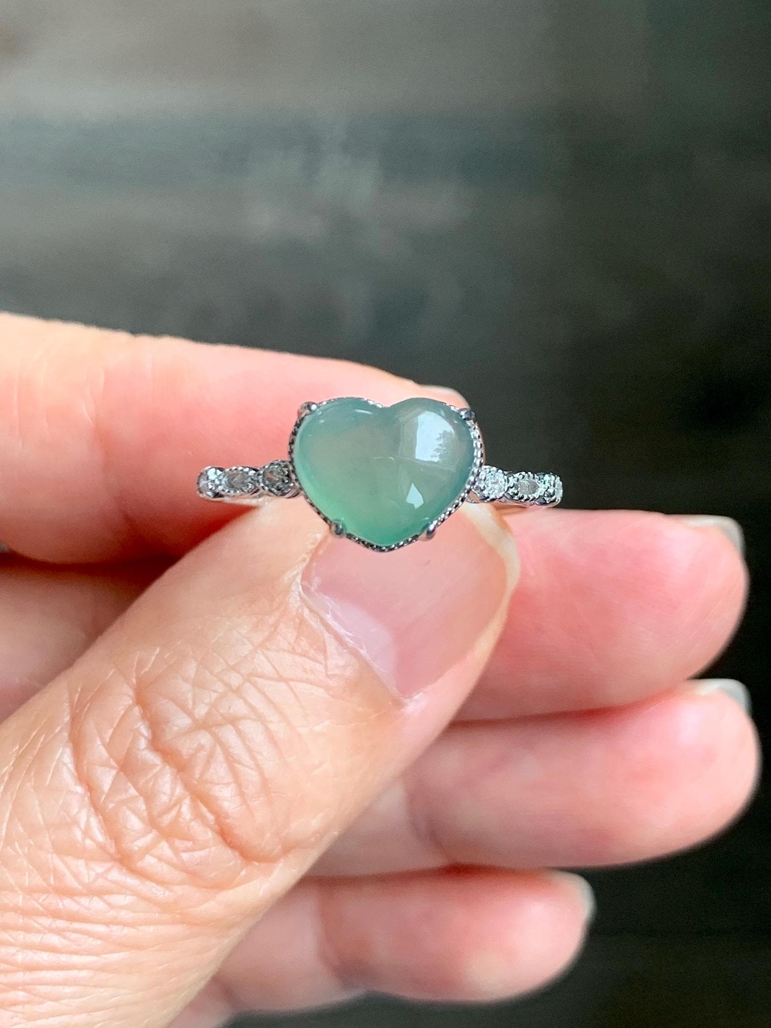 Natural Grade A Guatemalan Icy Highly Translucent Teal Green Heart Jade Jadeite Ring Sterling Silver Size Adjustable 天然冰危浅绿翡翠爱心蛋面银镶戒指 WXX88B
