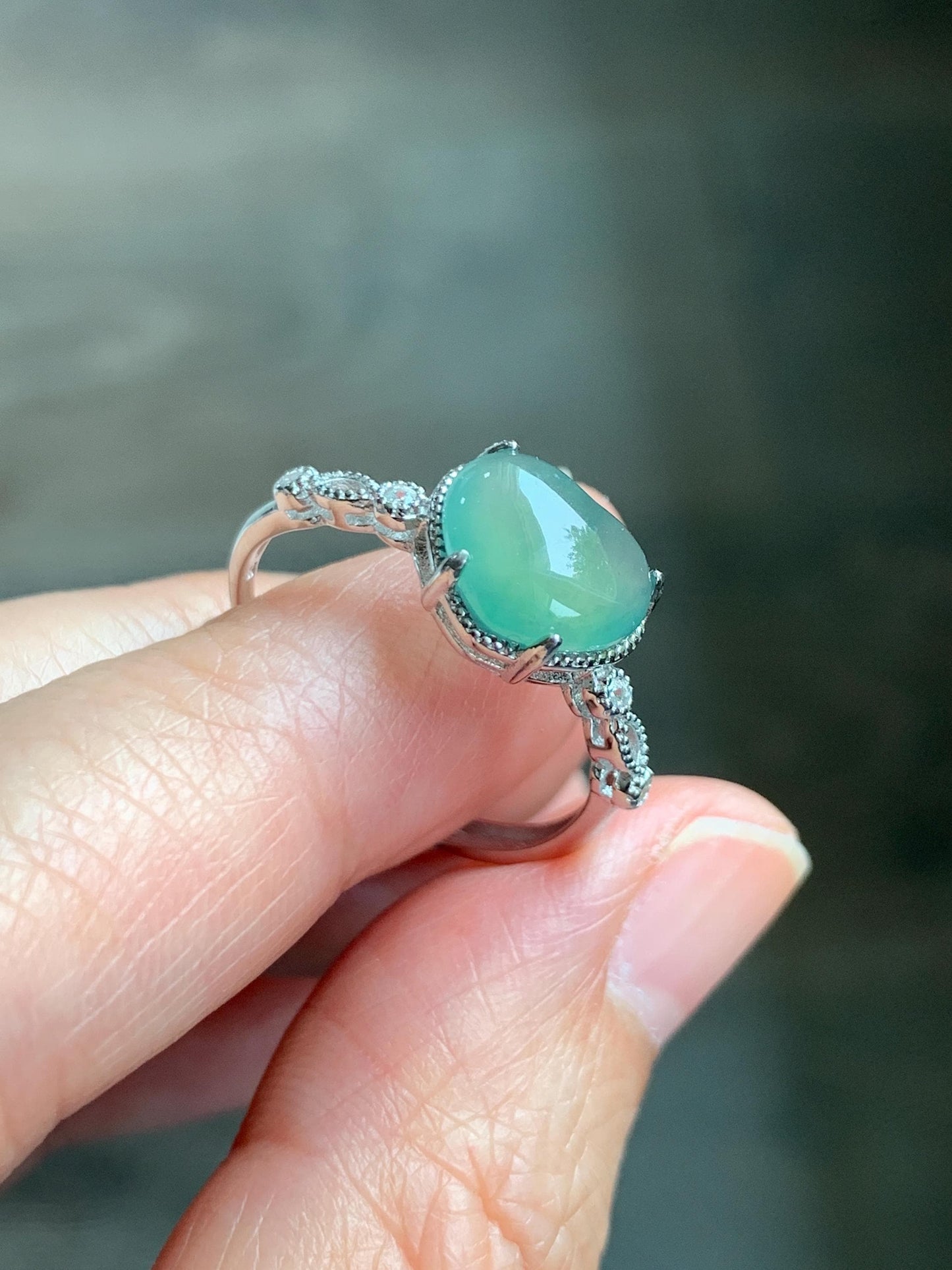 Natural Grade A Guatemalan Icy Highly Translucent Teal Green Heart Jade Jadeite Ring Sterling Silver Size Adjustable 天然冰危浅绿翡翠爱心蛋面银镶戒指 WXX88B