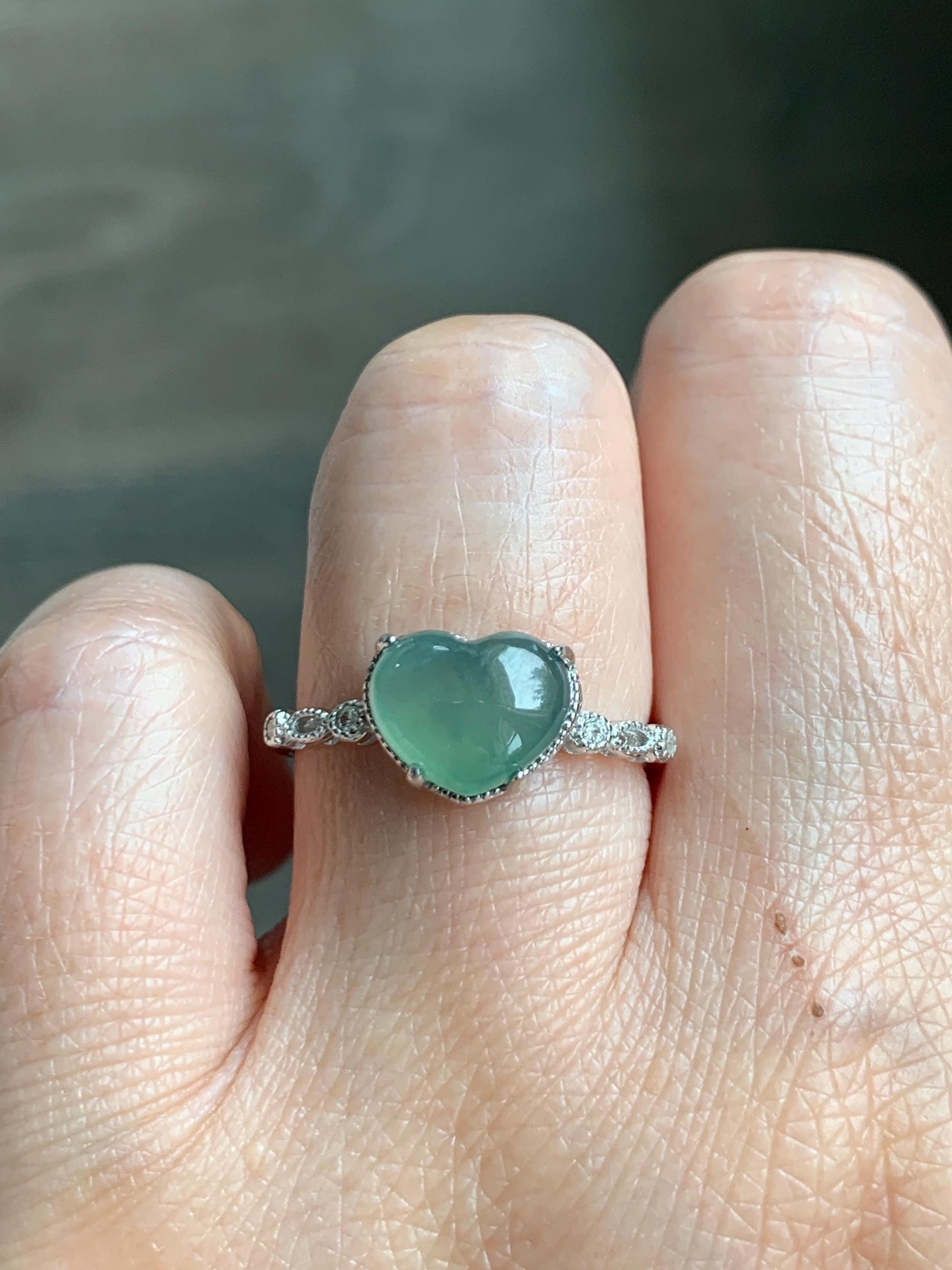 Natural Grade A Guatemalan Icy Highly Translucent Teal Green Heart Jade Jadeite Ring Sterling Silver Size Adjustable 天然冰危浅绿翡翠爱心蛋面银镶戒指 WXX88B