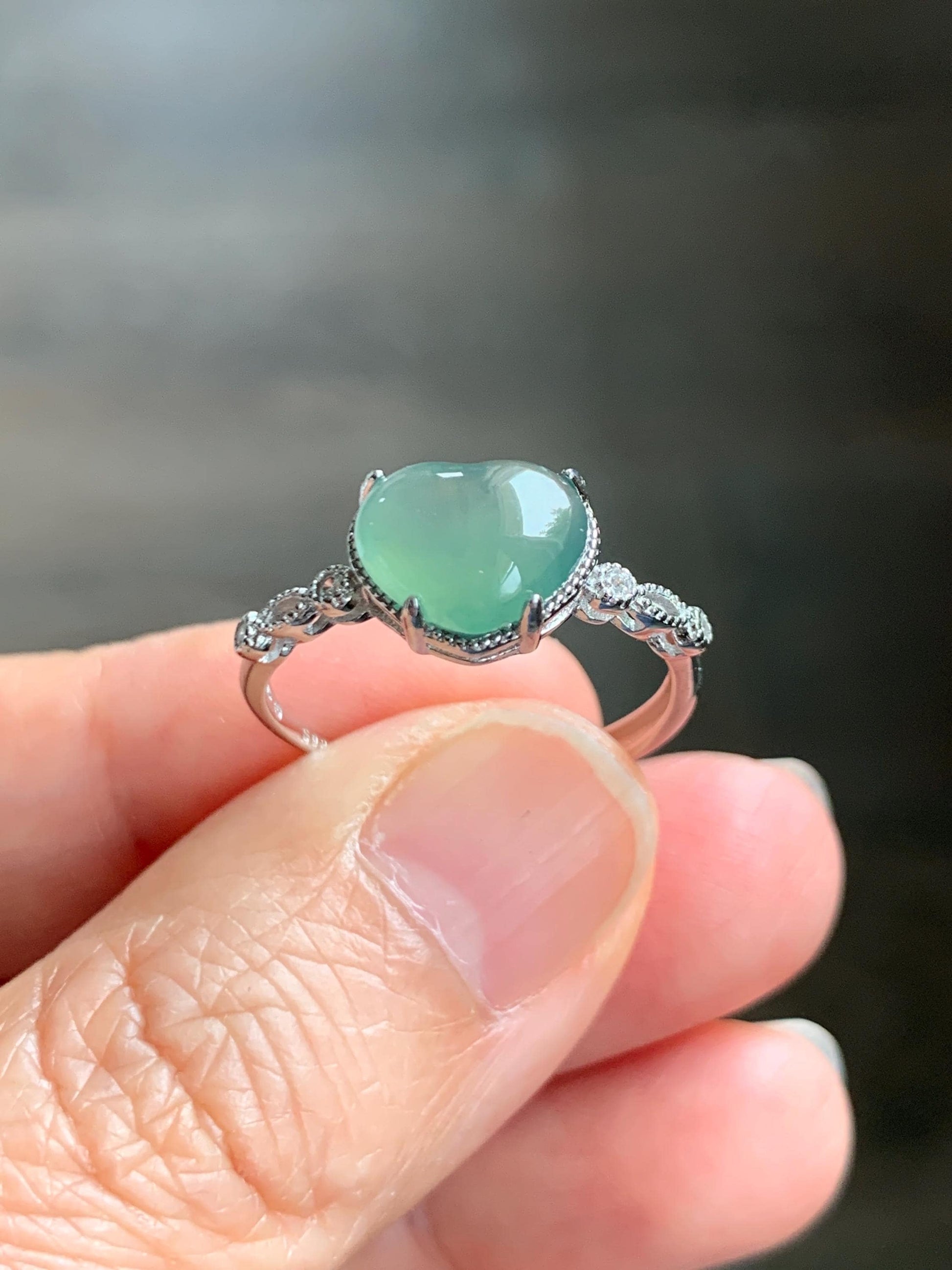 Natural Grade A Guatemalan Icy Highly Translucent Teal Green Heart Jade Jadeite Ring Sterling Silver Size Adjustable 天然冰危浅绿翡翠爱心蛋面银镶戒指 WXX88B