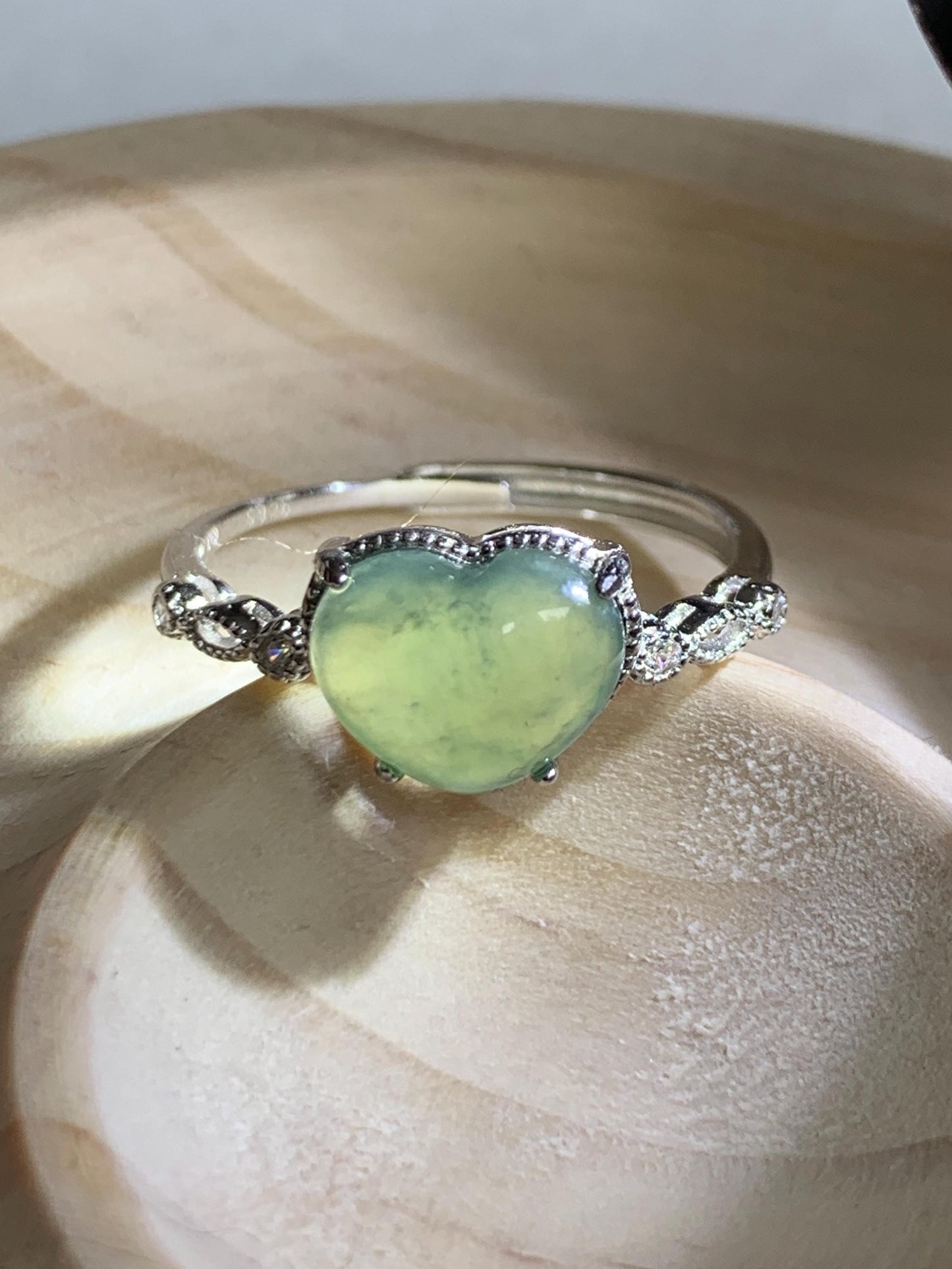 Natural Grade A Guatemalan Icy Highly Translucent Teal Green Heart Jade Jadeite Ring Sterling Silver Size Adjustable 天然冰危浅绿翡翠爱心蛋面银镶戒指 WXX88B