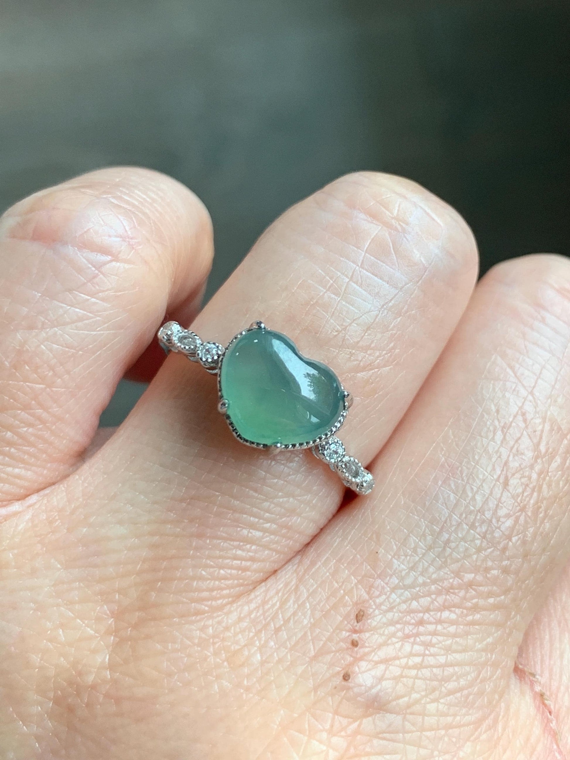 Natural Grade A Guatemalan Icy Highly Translucent Teal Green Heart Jade Jadeite Ring Sterling Silver Size Adjustable 天然冰危浅绿翡翠爱心蛋面银镶戒指 WXX88B