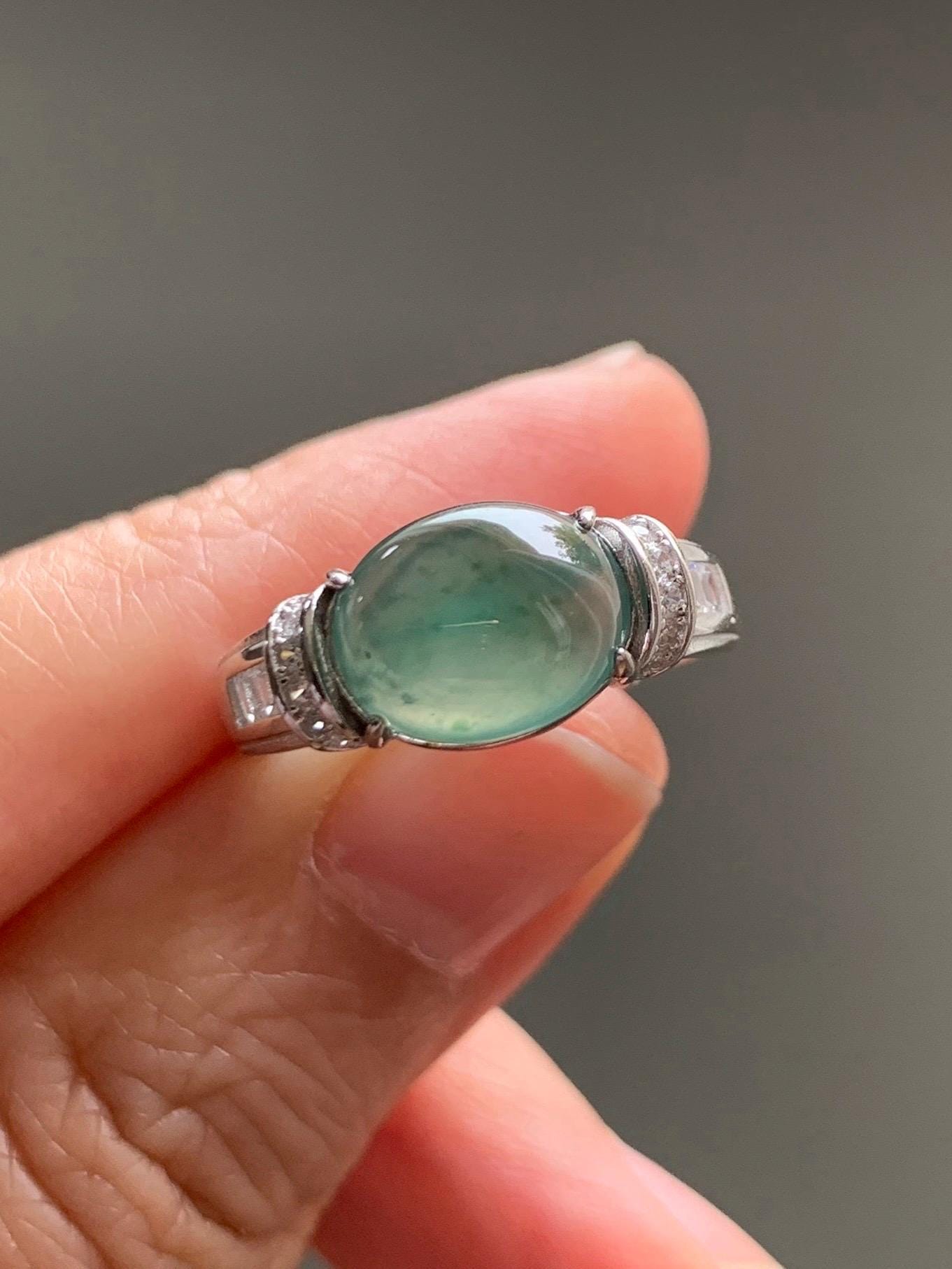 Natural Grade A Guatemalan Icy Highly Translucent Teal Green Oval Jade Jadeite Ring Sterling Silver Size 7 US 3g 天然冰危蓝绿翡翠银镶戒指 WTY128