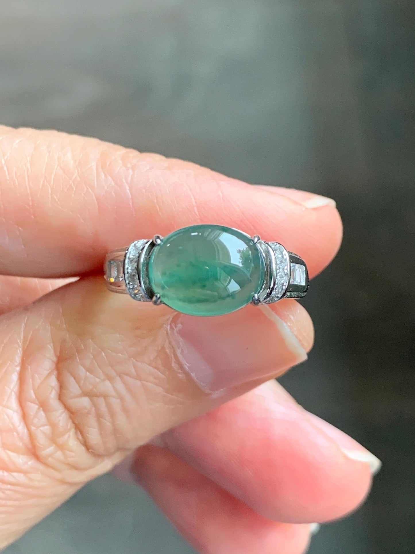 Natural Grade A Guatemalan Icy Highly Translucent Teal Green Oval Jade Jadeite Ring Sterling Silver Size 7 US 3g 天然冰危蓝绿翡翠银镶戒指 WTY128