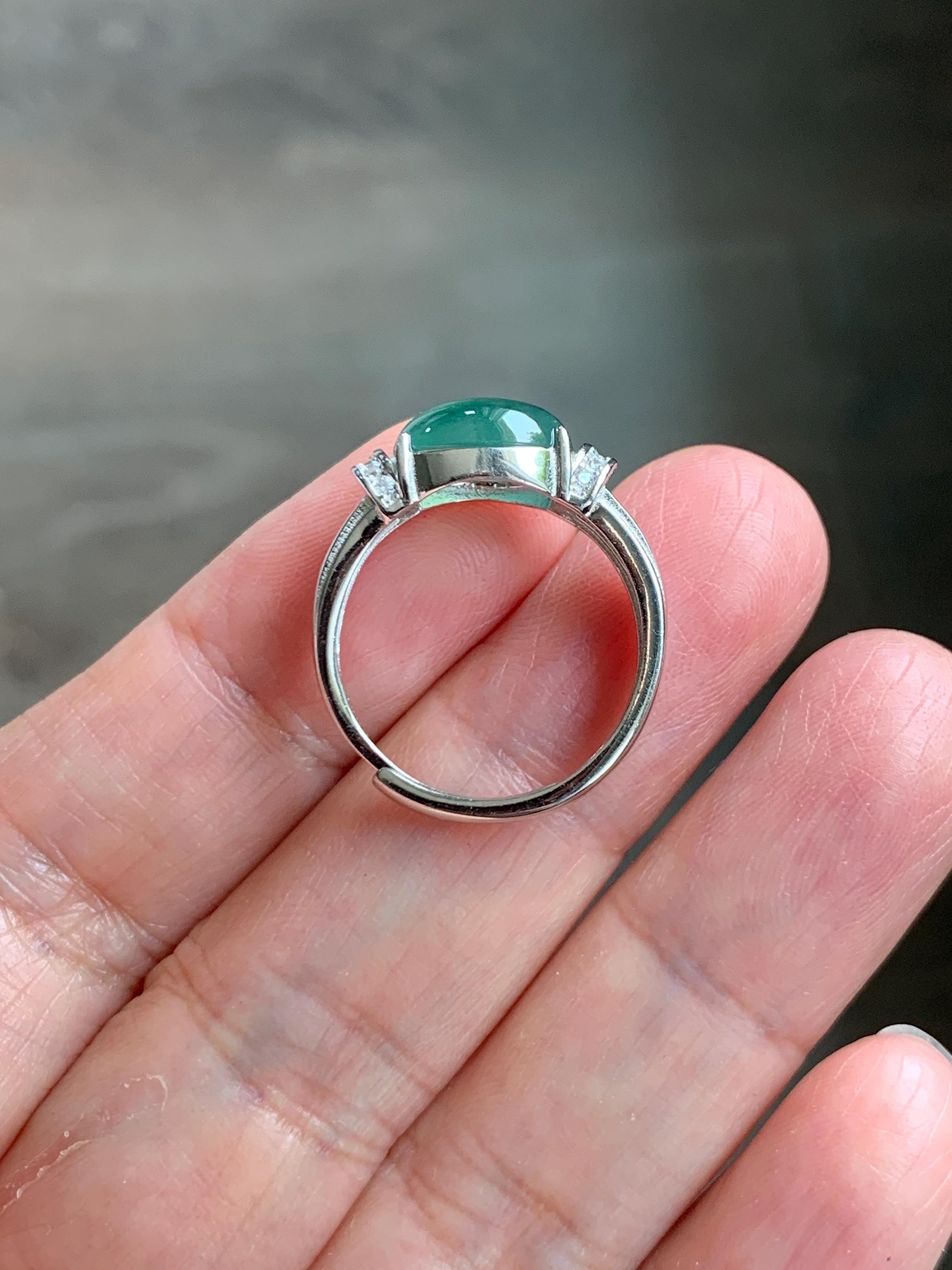 Natural Grade A Guatemalan Icy Highly Translucent Teal Green Oval Jade Jadeite Ring Sterling Silver Size 7 US 3g 天然冰危蓝绿翡翠银镶戒指 WTY128