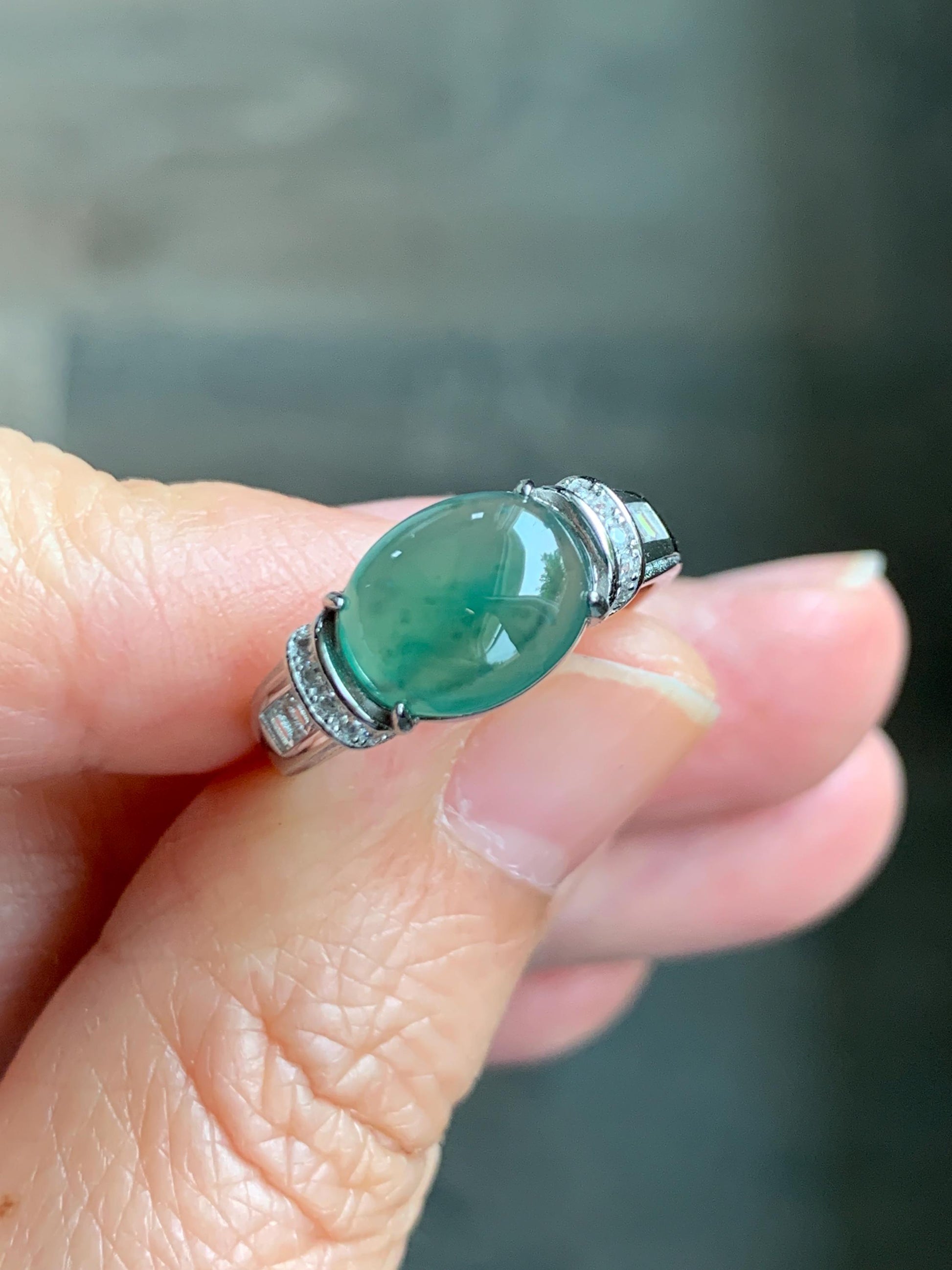Natural Grade A Guatemalan Icy Highly Translucent Teal Green Oval Jade Jadeite Ring Sterling Silver Size 7 US 3g 天然冰危蓝绿翡翠银镶戒指 WTY128