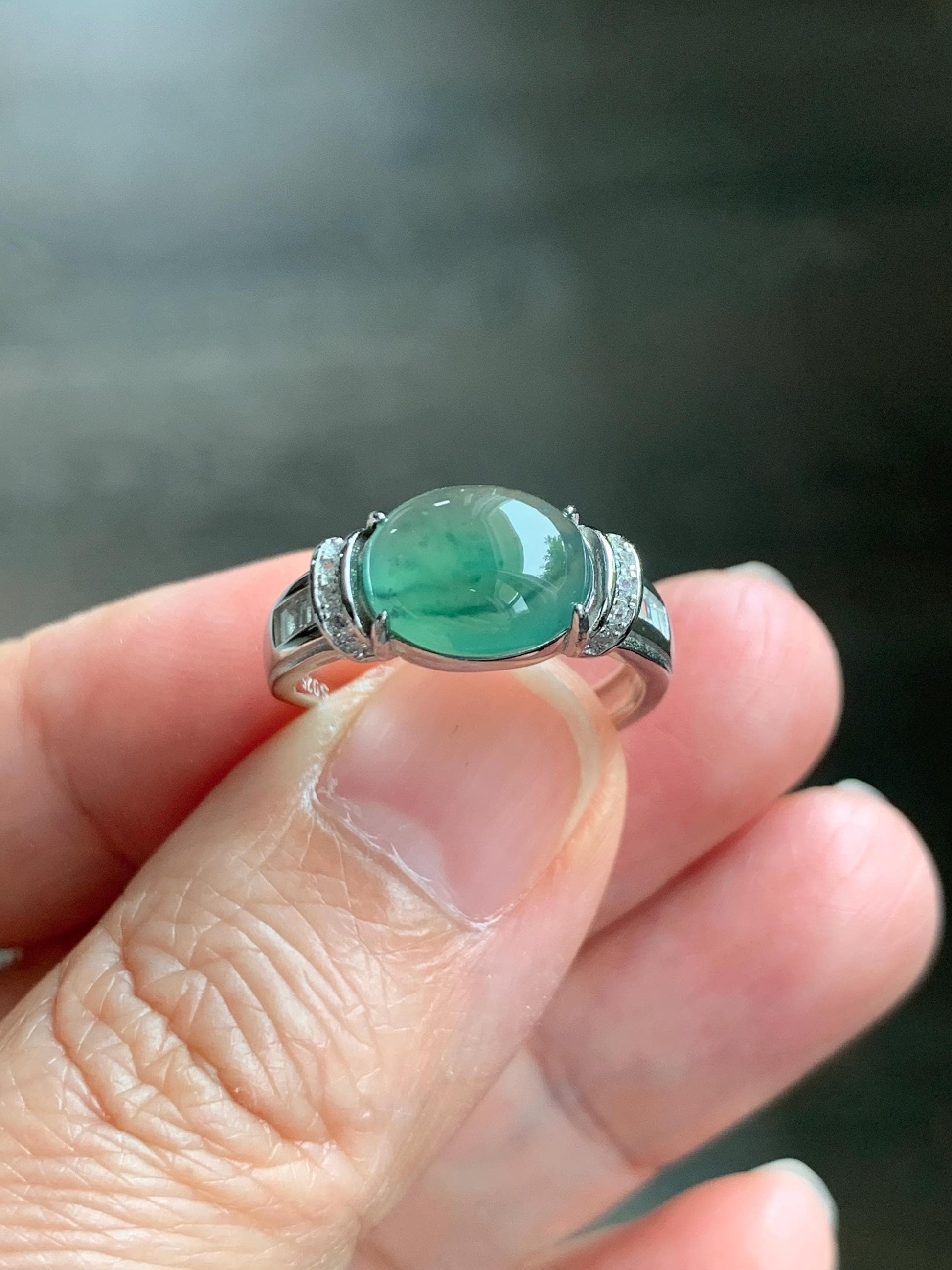 Natural Grade A Guatemalan Icy Highly Translucent Teal Green Oval Jade Jadeite Ring Sterling Silver Size 7 US 3g 天然冰危蓝绿翡翠银镶戒指 WTY128