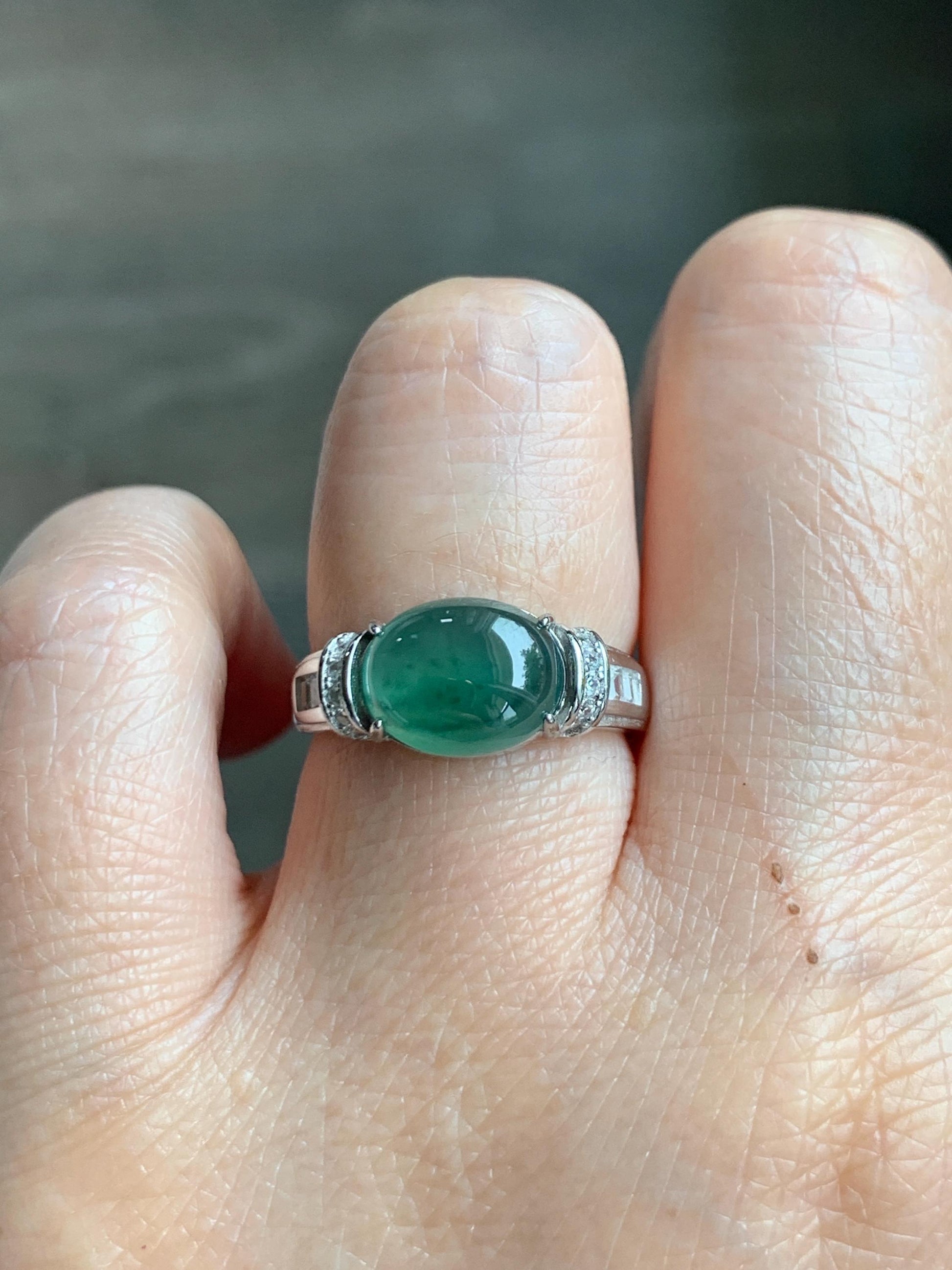 Natural Grade A Guatemalan Icy Highly Translucent Teal Green Oval Jade Jadeite Ring Sterling Silver Size 7 US 3g 天然冰危蓝绿翡翠银镶戒指 WTY128
