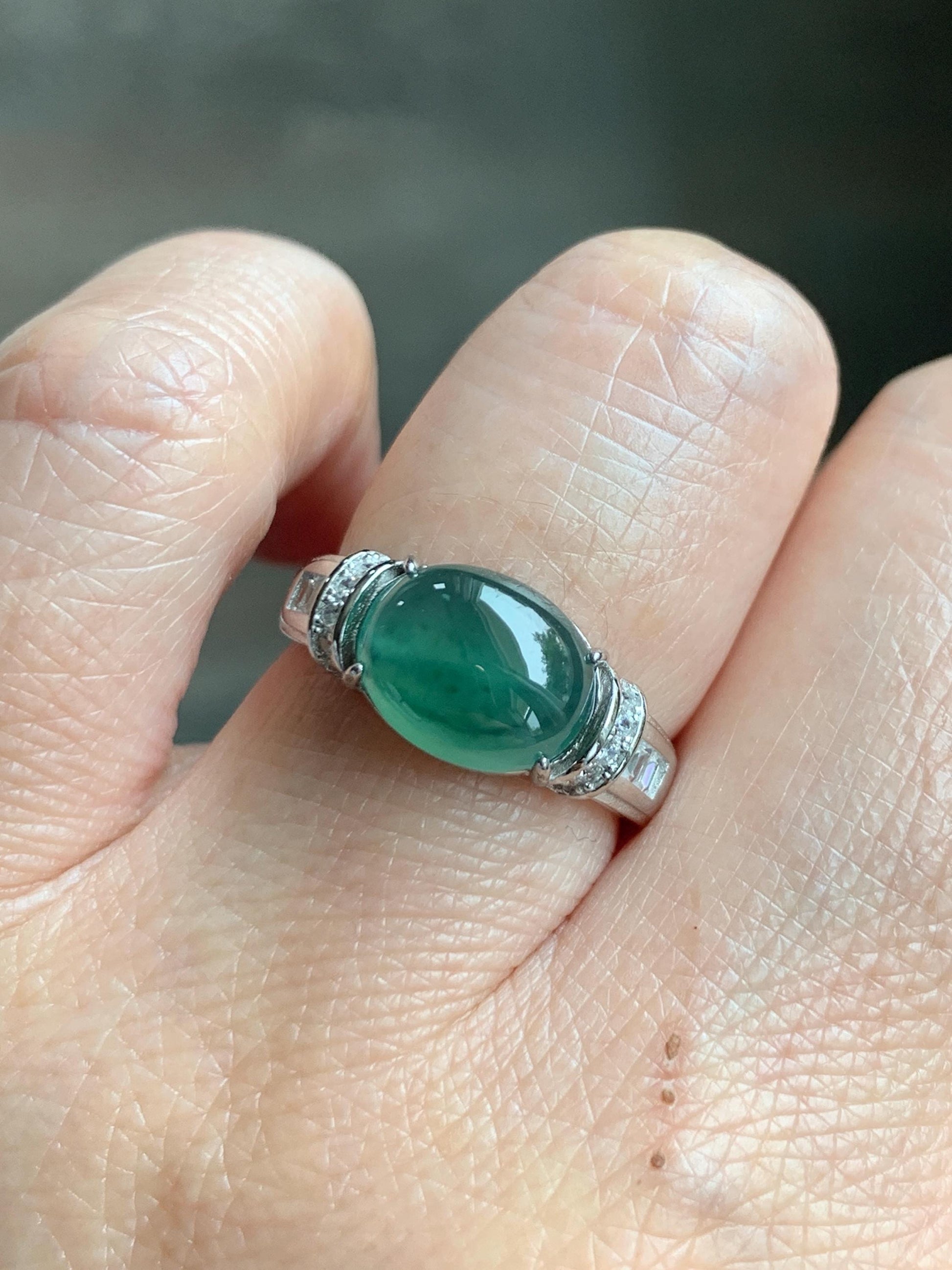 Natural Grade A Guatemalan Icy Highly Translucent Teal Green Oval Jade Jadeite Ring Sterling Silver Size 7 US 3g 天然冰危蓝绿翡翠银镶戒指 WTY128