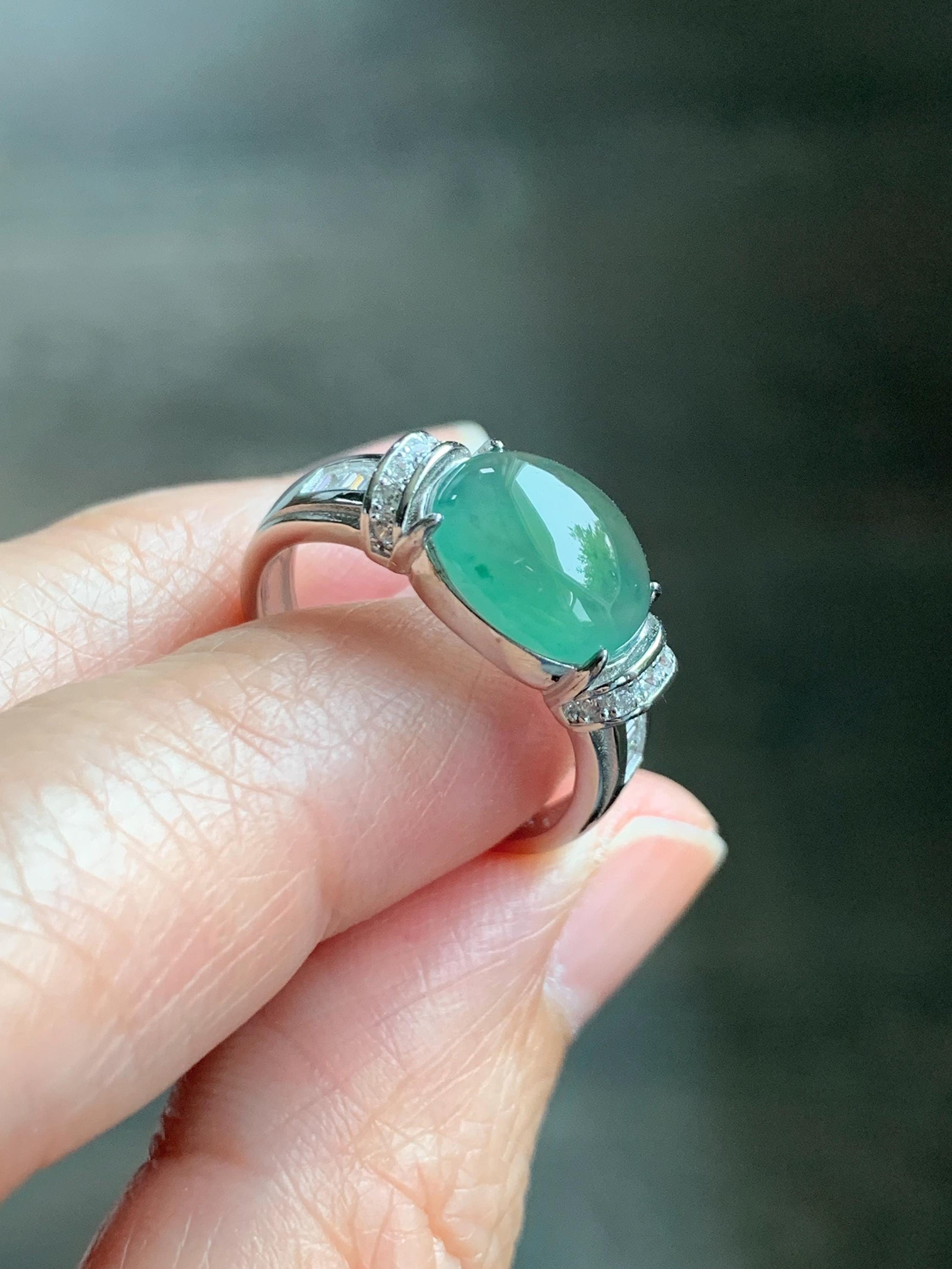 Natural Grade A Guatemalan Icy Highly Translucent Teal Green Oval Jade Jadeite Ring Sterling Silver Size 7 US 3g 天然冰危蓝绿翡翠银镶戒指 WTY128