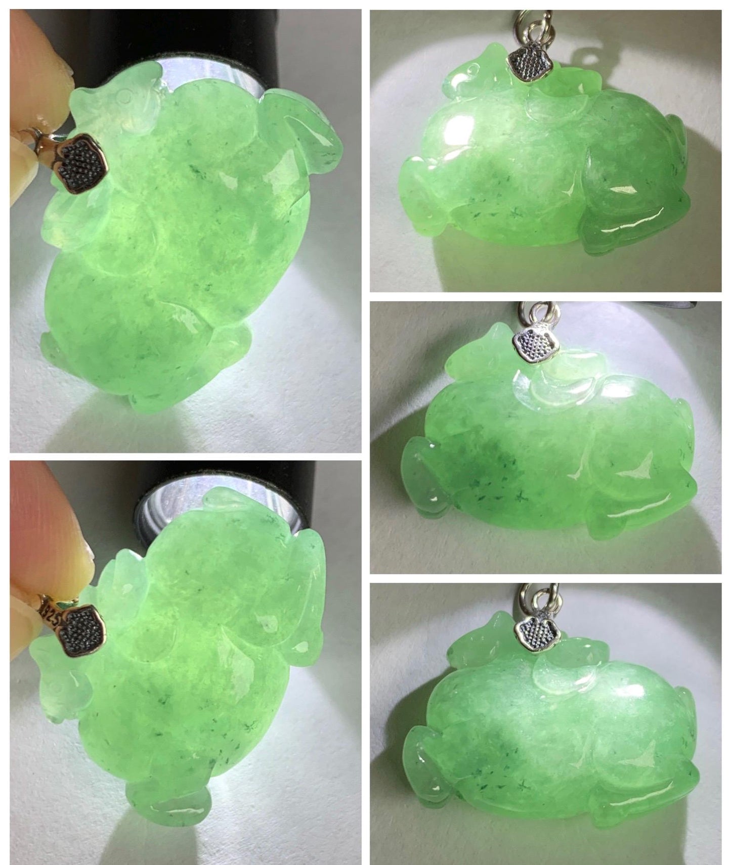 Natural Grade A Icy Translucent Icy Light Apple Green Jade Jadeite Carved Tang Horse Pendant Sterling Silver 8g 天然冰浅果绿翡翠唐马银镶吊坠 MGL160B