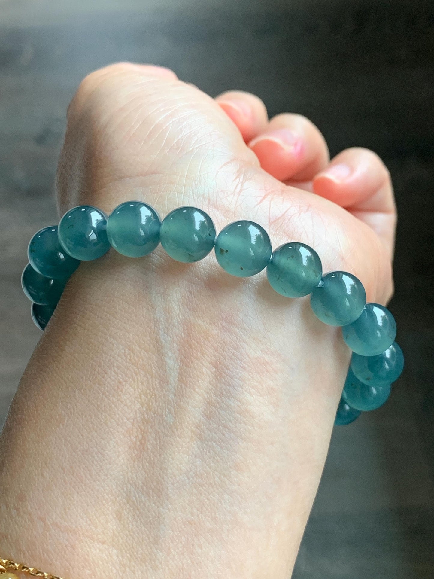 Certified Natural Grade A Guatemalan Icy Highly Translucent Teal Green Jade Jadeite Beads Beaded Bracelet 9.7mm 7.25” 32g 天然冰胶起光危晴蓝翡翠手串 457